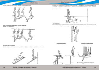 Guía del Entrenador de Atletismo (1ª Edición) Guía del Entrenador de Atletismo (1ª Edición)158 159
Saltos Verticales
Saltos Verticales
Carreras con despegue con los brazos extendidos por encima de la cabeza.
Tomar la garrocha con ambas manos y correr con rodillas altas.
Variantes :a,b,c de la carrera.
Ejercicios para la inversión
Tomados con las dos manos flexionamos la pierna derecha y llevaremos la pierna izquierda hacia arriba y atrás.
Acostados boca arriba tomamos la garrocha y la apoyamos contra la pared, la pierna derecha debe estar flexionada
por la rodilla, al momento de invertir llevaremos la pierna izquierda hacia atrás haciendo fuerza con los dorsales en
dirección a la pared.
	
Tobillos a la barra
Colgados de la barra en espaldar tomaremos una pelota y la colocaremos entre las piernas .luego llevaremos la punta
de los pies junto con la pelota hacia la barra.	
	
inversiones en paralelas 			 inversiones en anillas a vertical
 