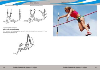 Guía del Entrenador de Atletismo (1ª Edición) Guía del Entrenador de Atletismo (1ª Edición)160 161
Saltos Verticales
Saltos Verticales
Balanceos e Inversiones en anillas,	 Balanceos e inversiones pasando
La pierna izquierda hacia atrás
Saltos a la soga con inversión y pegado.
Correr tres pasos y saltar hacia la soga desde lejos con los brazos extendidos, al momento de tomarse de la misma
realizar la inversión pegándose a ella.
 