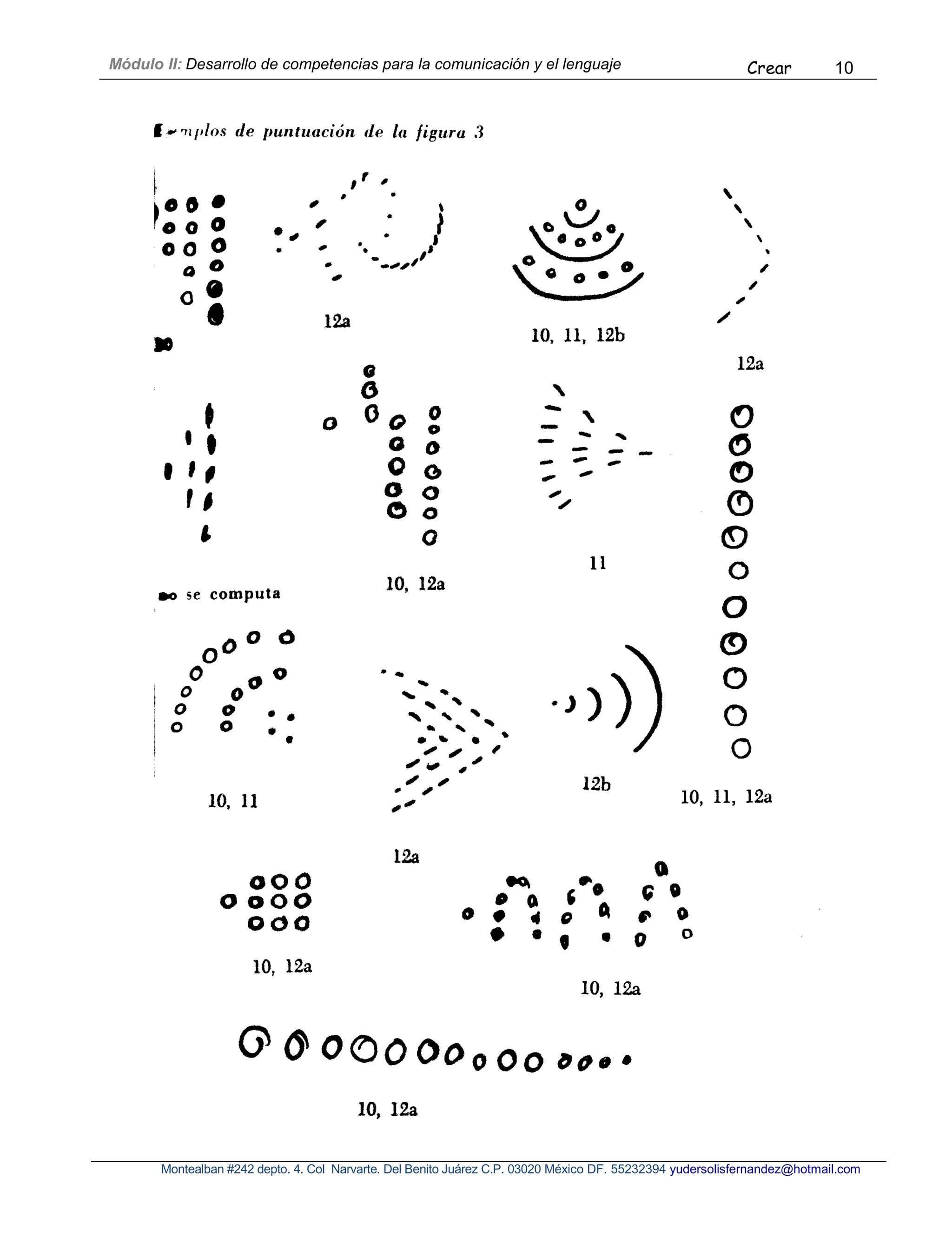 Módulo II: Desarrollo de competencias para la comunicación y el lenguaje Crear 10
Montealban #242 depto. 4. Col Narvarte. Del Benito Juárez C.P. 03020 México DF. 55232394 yudersolisfernandez@hotmail.com
 