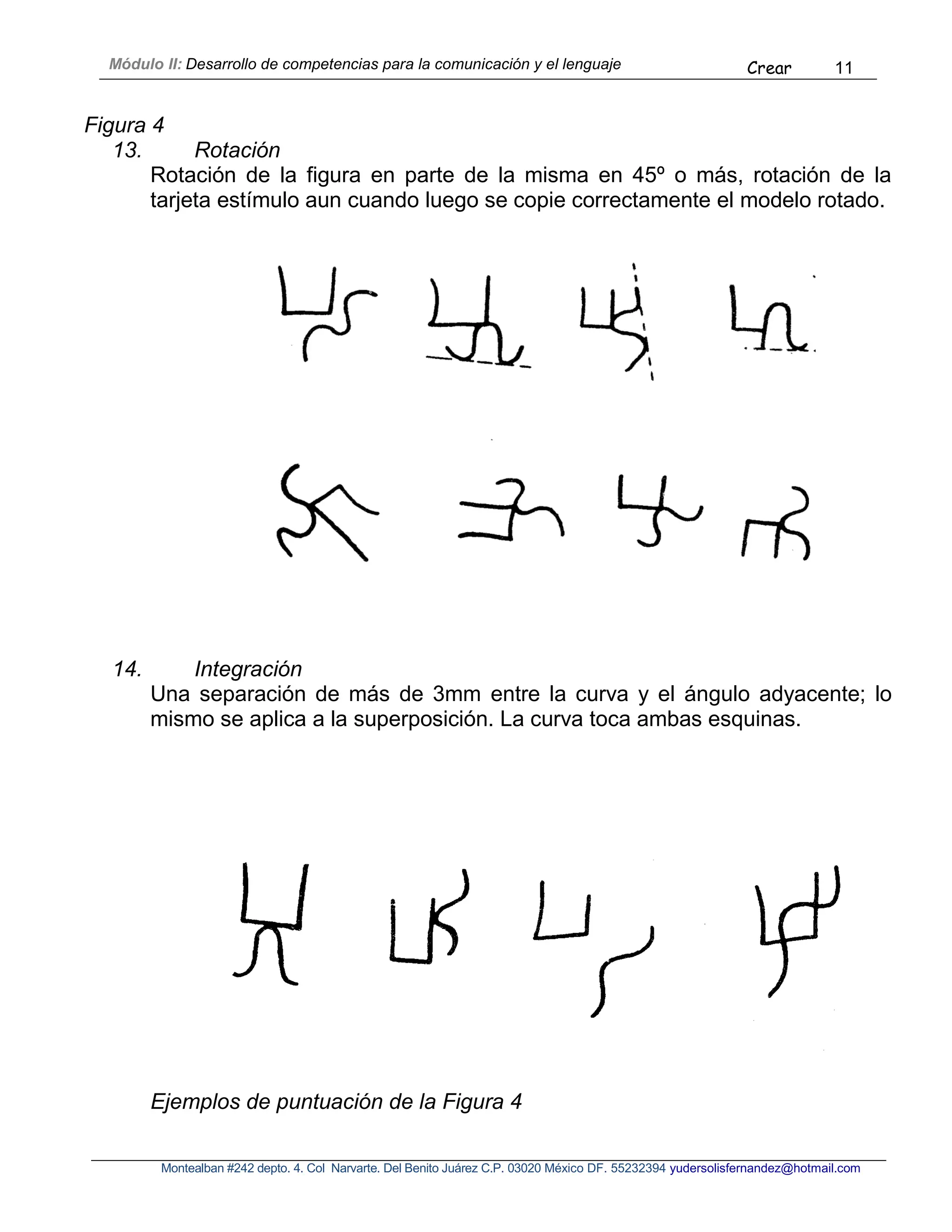 Módulo II: Desarrollo de competencias para la comunicación y el lenguaje Crear 11
Montealban #242 depto. 4. Col Narvarte. Del Benito Juárez C.P. 03020 México DF. 55232394 yudersolisfernandez@hotmail.com
Figura 4
13. Rotación
Rotación de la figura en parte de la misma en 45º o más, rotación de la
tarjeta estímulo aun cuando luego se copie correctamente el modelo rotado.
14. Integración
Una separación de más de 3mm entre la curva y el ángulo adyacente; lo
mismo se aplica a la superposición. La curva toca ambas esquinas.
Ejemplos de puntuación de la Figura 4
 