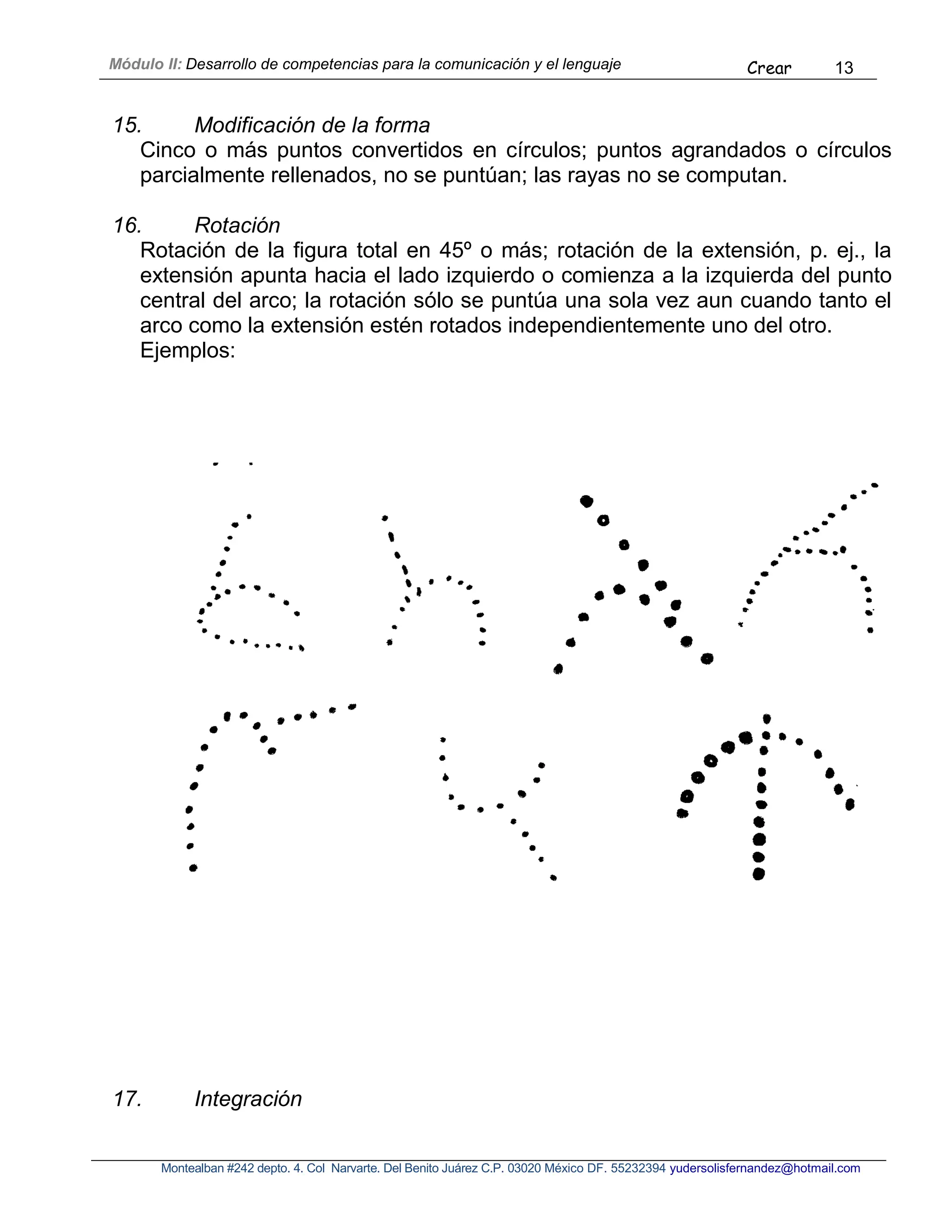 Módulo II: Desarrollo de competencias para la comunicación y el lenguaje Crear 13
Montealban #242 depto. 4. Col Narvarte. Del Benito Juárez C.P. 03020 México DF. 55232394 yudersolisfernandez@hotmail.com
15. Modificación de la forma
Cinco o más puntos convertidos en círculos; puntos agrandados o círculos
parcialmente rellenados, no se puntúan; las rayas no se computan.
16. Rotación
Rotación de la figura total en 45º o más; rotación de la extensión, p. ej., la
extensión apunta hacia el lado izquierdo o comienza a la izquierda del punto
central del arco; la rotación sólo se puntúa una sola vez aun cuando tanto el
arco como la extensión estén rotados independientemente uno del otro.
Ejemplos:
17. Integración
 