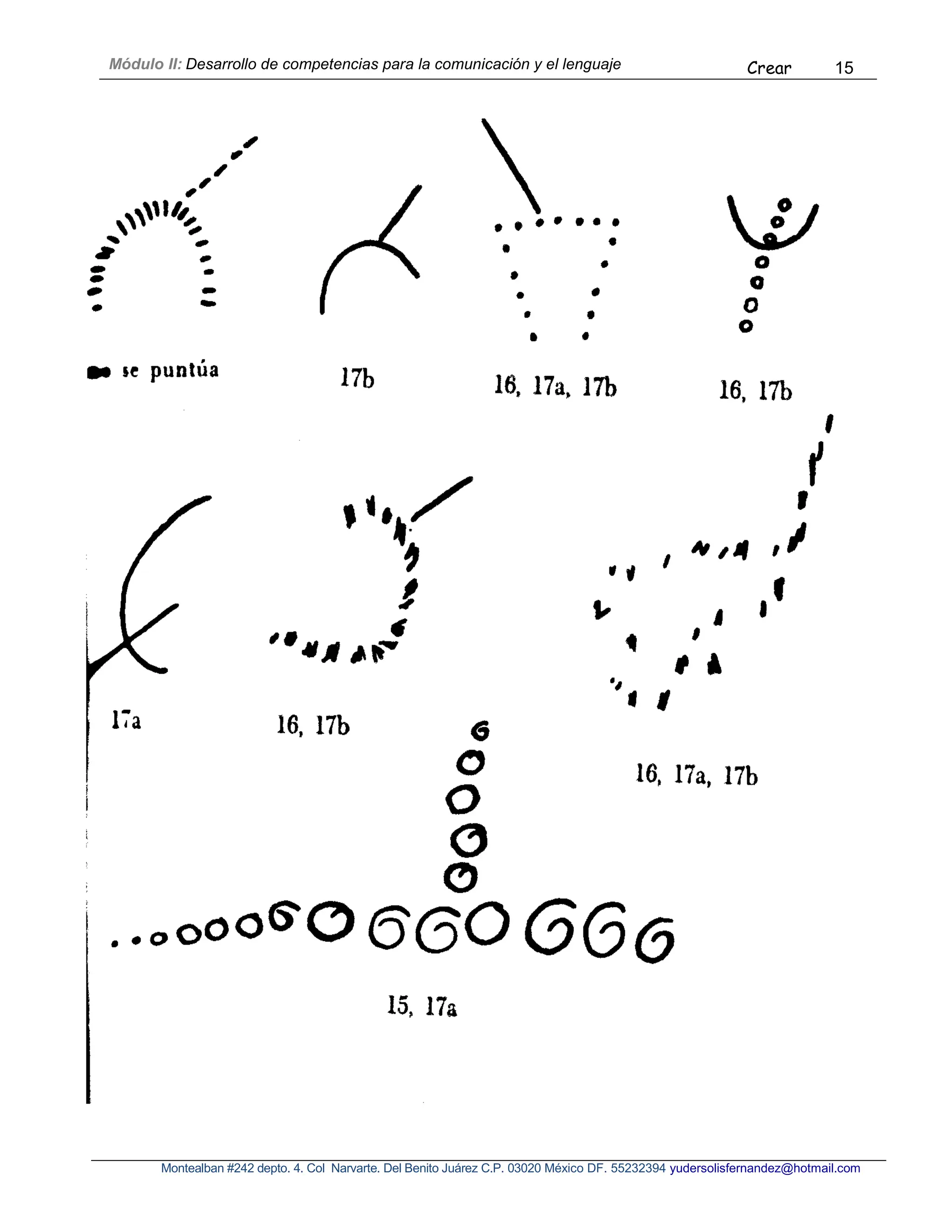 Módulo II: Desarrollo de competencias para la comunicación y el lenguaje Crear 15
Montealban #242 depto. 4. Col Narvarte. Del Benito Juárez C.P. 03020 México DF. 55232394 yudersolisfernandez@hotmail.com
 