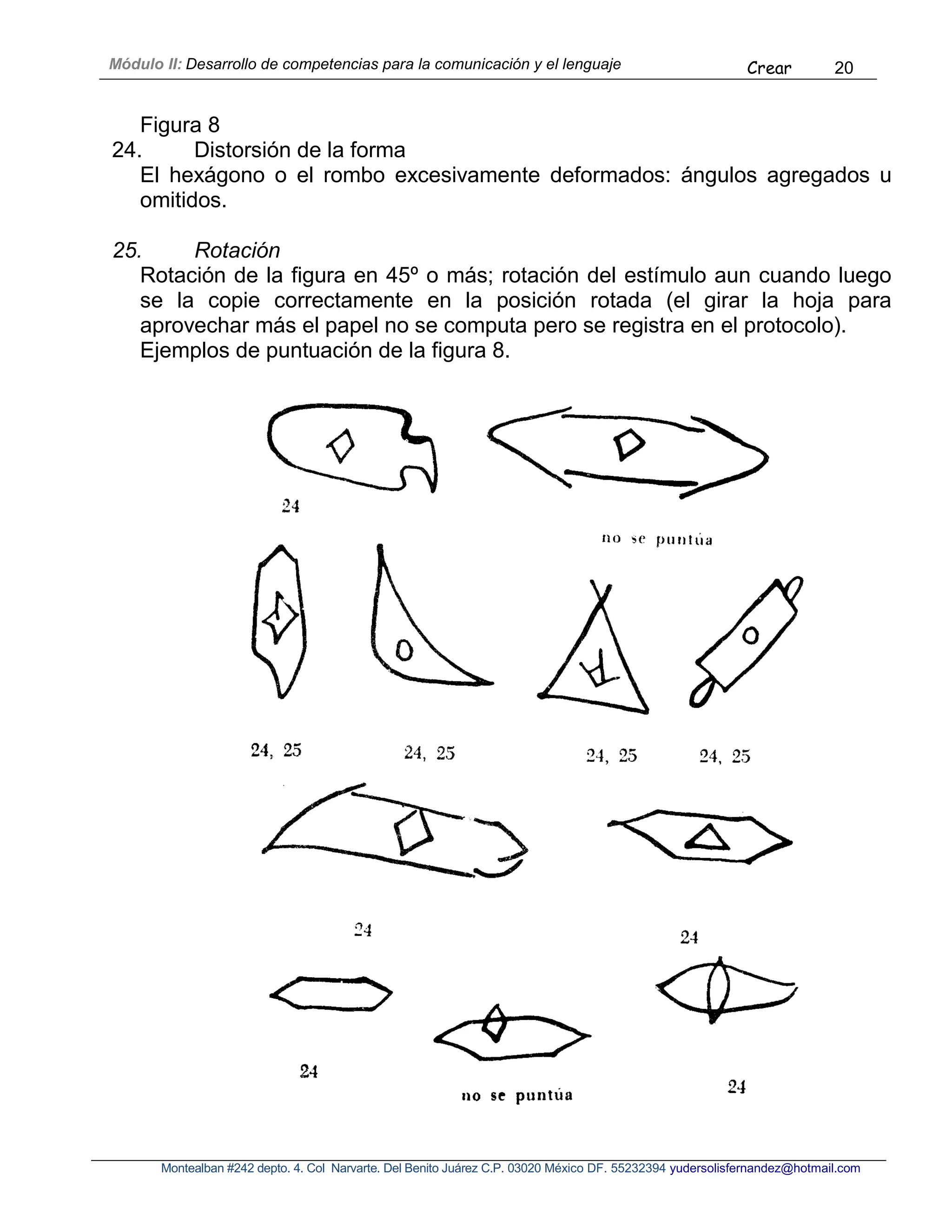 Módulo II: Desarrollo de competencias para la comunicación y el lenguaje Crear 20
Montealban #242 depto. 4. Col Narvarte. Del Benito Juárez C.P. 03020 México DF. 55232394 yudersolisfernandez@hotmail.com
Figura 8
24. Distorsión de la forma
El hexágono o el rombo excesivamente deformados: ángulos agregados u
omitidos.
25. Rotación
Rotación de la figura en 45º o más; rotación del estímulo aun cuando luego
se la copie correctamente en la posición rotada (el girar la hoja para
aprovechar más el papel no se computa pero se registra en el protocolo).
Ejemplos de puntuación de la figura 8.
 