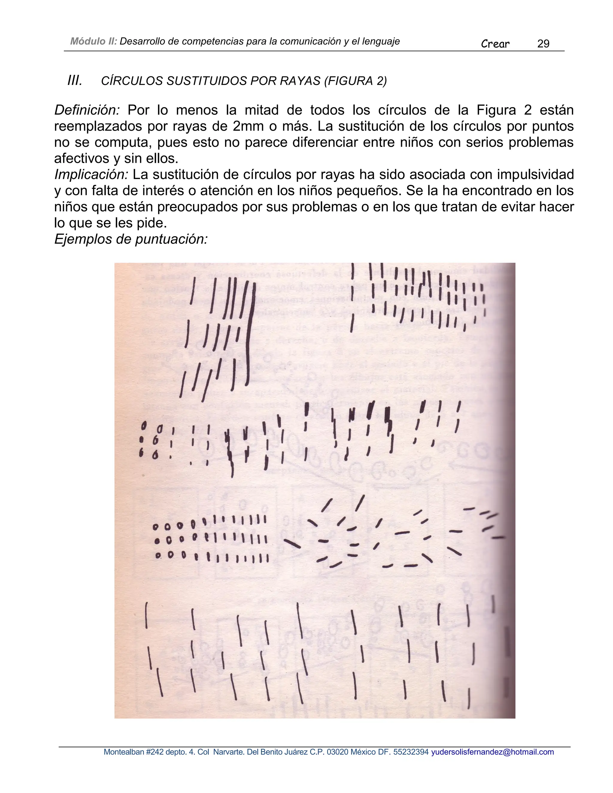 Módulo II: Desarrollo de competencias para la comunicación y el lenguaje Crear 29
Montealban #242 depto. 4. Col Narvarte. Del Benito Juárez C.P. 03020 México DF. 55232394 yudersolisfernandez@hotmail.com
III. CÍRCULOS SUSTITUIDOS POR RAYAS (FIGURA 2)
Definición: Por lo menos la mitad de todos los círculos de la Figura 2 están
reemplazados por rayas de 2mm o más. La sustitución de los círculos por puntos
no se computa, pues esto no parece diferenciar entre niños con serios problemas
afectivos y sin ellos.
Implicación: La sustitución de círculos por rayas ha sido asociada con impulsividad
y con falta de interés o atención en los niños pequeños. Se la ha encontrado en los
niños que están preocupados por sus problemas o en los que tratan de evitar hacer
lo que se les pide.
Ejemplos de puntuación:
 