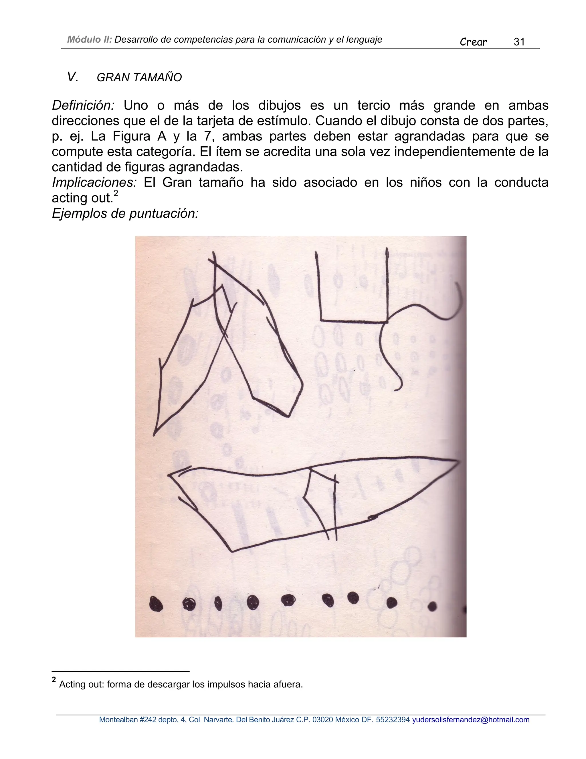 Módulo II: Desarrollo de competencias para la comunicación y el lenguaje Crear 31
Montealban #242 depto. 4. Col Narvarte. Del Benito Juárez C.P. 03020 México DF. 55232394 yudersolisfernandez@hotmail.com
V. GRAN TAMAÑO
Definición: Uno o más de los dibujos es un tercio más grande en ambas
direcciones que el de la tarjeta de estímulo. Cuando el dibujo consta de dos partes,
p. ej. La Figura A y la 7, ambas partes deben estar agrandadas para que se
compute esta categoría. El ítem se acredita una sola vez independientemente de la
cantidad de figuras agrandadas.
Implicaciones: El Gran tamaño ha sido asociado en los niños con la conducta
acting out.2
Ejemplos de puntuación:
2
Acting out: forma de descargar los impulsos hacia afuera.
 