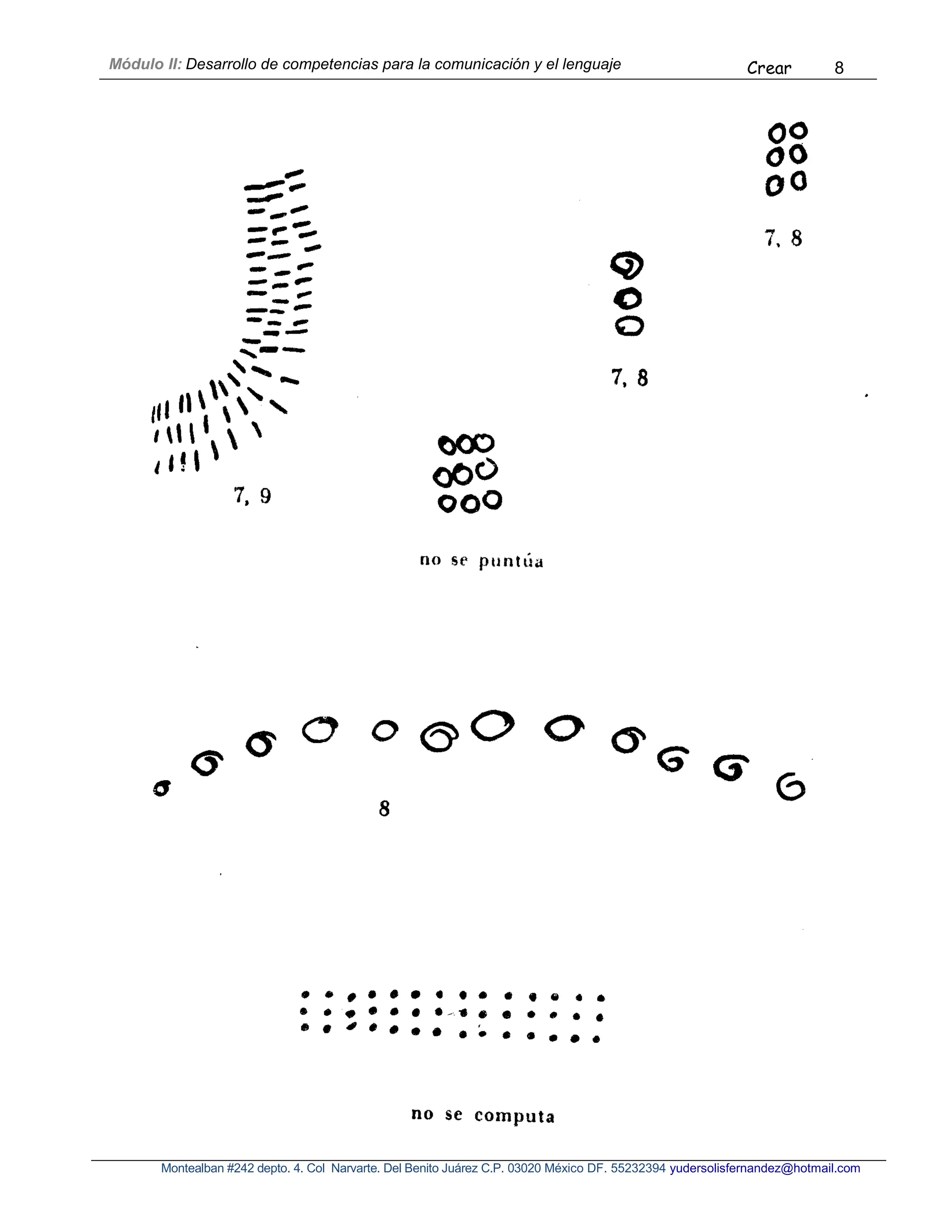 Módulo II: Desarrollo de competencias para la comunicación y el lenguaje Crear 8
Montealban #242 depto. 4. Col Narvarte. Del Benito Juárez C.P. 03020 México DF. 55232394 yudersolisfernandez@hotmail.com
 