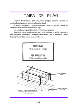 MATERIAIS:
Terra, madeira e pregos
FERRAMENTAS:
Pilão, martelo e serrote
Técnica de construção com terra, muito antiga e bastante utilizada na
construção de igrejas no período colonial do Brasil.
É assim chamada por consistir em terra socada com um pilão dentro de
uma forma de madeira que chamamos taipa.
As paredes, em geral, têm de 30 a 120 cm de espessura.
Construimos um taipal e vamos pilando camadas de 10 a 15 cm até que a
terra esteja bem comprimida. Os taipais variam de 1 a 1,5 m de altura e de 2 a 4 m
de comprimento. São como caixas sem fundo.
Forma de madeira
(taipal)
Parede de terra já
compactada
TAIPA DE PILAO
Figura 75: A taipa de pilão utiliza uma
forma de madeira como molde para
levantar as paredes.
- 34 -
 