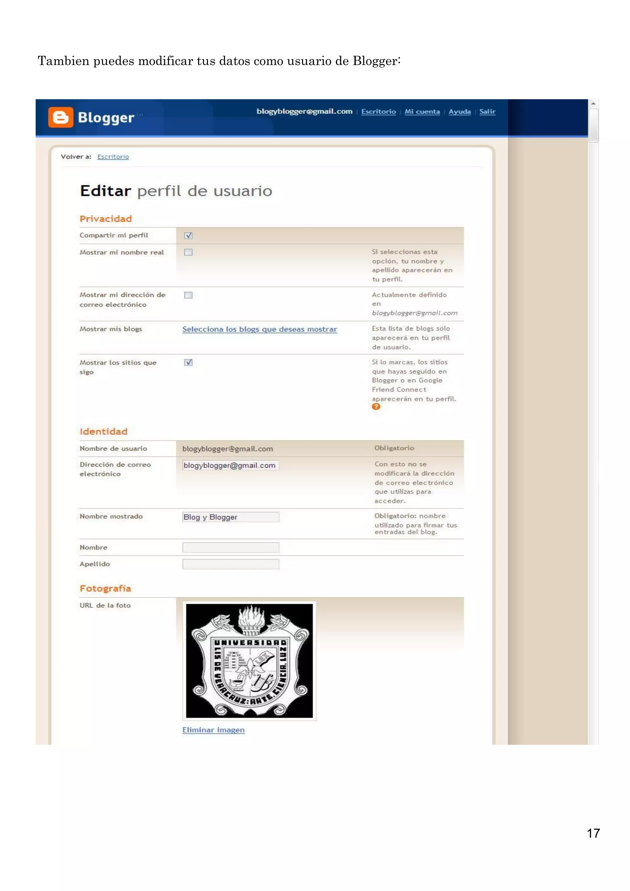 Tambien puedes modificar tus datos como usuario de Blogger:




                                                              17
 