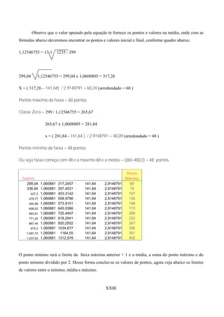 Observe que o valor apurado pela equação te fornece os pontos e valores na média, onde com as
fórmulas abaixo deveremos encontrar os pontos e valores inicial e final, conforme quadro abaixo:

1,12546755 = 13-1     1235 / 299




299,04      1,12546755 = 299,04 x 1,0608805 = 317,26

X = ( 317,26 – 141,64) / 2.9148791 = 60,24 (arredondado = 60 )

Pontos máximo da faixa = 60 pontos.

Classe Zero = 299 / 1,12546755 = 265,67

                265,67 x 1,0608805 = 281,84

                x = ( 281,84 - 141,64 ) / 2.9148791 = 48,09 (arredondado = 48 )

Pontos mínimo da faixa = 48 pontos.

Ou seja faixa começa com 48 e o máximo 60 e a média = ((60+48)/2) = 48 pontos.


                                                               Ponto
 Salário                                                      Máximo
   299,04 1,060881 317,2457     -    141,64   :   2,9148791     60
   336,94 1,060881 357,4531     -    141,64   :   2,9148791     74
      427,3 1,060881 453,3142   -    141,64   :   2,9148791     107
     479,77 1,060881 508,9786   -    141,64   :   2,9148791     126
     540,98 1,060881 573,9151   -    141,64   :   2,9148791     148
     608,02 1,060881 645,0366   -    141,64   :   2,9148791     173
     683,81 1,060881 725,4407   -    141,64   :   2,9148791     200
     771,25 1,060881 818,2041   -    141,64   :   2,9148791     232
     867,44 1,060881 920,2502   -    141,64   :   2,9148791     267
      975,3 1,060881 1034,677   -    141,64   :   2,9148791     306
   1.097,72 1,060881  1164,55   -    141,64   :   2,9148791     351
   1.237,63 1,060881 1312,978   -    141,64   :   2,9148791     402



O ponto mínimo será o limite da faixa máxima anterior + 1 e a média, a soma do ponto máximo e do
ponto mínimo dividido por 2. Desse forma conclui-se os valores de pontos, agora veja abaixo os limites
de valores entre o mínimo, média e máximo.



                                                  XXIII
 