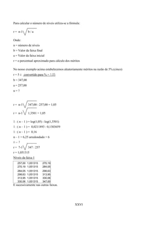 Para calcular o número de níveis utiliza-se a fórmula:

r = n-1      b/a

Onde:
n = número de níveis
b = Valor da faixa final
a = Valor da faixa inicial
r = o percentual aproximado para cálculo dos méritos

No nosso exemplo acima estabelecemos aleatoriamente méritos na razão de 5%.(cinco)
r = 5 à convertido para % = 1,05
b = 347,00
a = 257,00
n=?



r = n-1      347,00 : 257,00 = 1,05

r = n-1      1,3501 = 1,05

1 : ( n – 1 ) = log(1,05) : log(1,3501)
1 : ( n – 1 ) = 0,0211893 : 0,1303659
1 : ( n – 1 ) = 0,16
n – 1 = 6,25 arredondado = 6
n=7
r = 7-1      347 : 257
r = 1,051315
Níveis da faixa 1
   257,00 1,051315         270,19
   270,19 1,051315         284,05
   284,05    1,051315      298,63
   298,63    1,051315      313,95
   313,95    1,051315      330,06
   330,06    1,051315      347,00
E sucessivamente nas outras faixas.




                                                 XXVI
 
