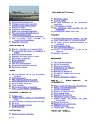 Safety, Health and Environment
07/10/10
62. Conservemos lo que tenemos
63. Trabajar en equipo evita accidentes
64. Piense primero y evite accidentes
65. Conozca su oficio
66. Los buenos hábitos ayudan
67. Las bromas pesadas son peligrosas
68. Qué hacer en caso de accidente grave
69. Todavía depende de Usted
70. Todos los accidentes deben ser investigados
71. Los accidentes como resultado del
comportamiento inadecuado
7722.. Seguridad y seguridad
ORDEN Y LIMPIEZA
73. El orden y la limpieza en el lugar de trabajo
74. La importancia del orden y la limpieza en la
planta
75. Pasillos libres de materiales
76. Mantenga sus manos siempre limpias
77. La limpieza y la seguridad
78. La ropa de trabajo
79. Baños y roperos
80. Qué tanto orden y limpieza
81. Aseo y orden en su lugar de trabajo
82. Pasillos y corredores
CAIDAS
83. Recomendaciones para el uso de escaleras
portátiles
84. Subiendo y bajando
85. Más peligroso que el monte Everest
86. Peligros inherentes a las ascensiones
87. Ascenso por escaleras fijas
88. Vigile sus pasos
89. No hay nada chistoso en las caídas
90. Cómo usar una escalera apropiadamente
HERRAMIENTAS MANUALES
91. Ver para creer
92. Almacenamiento y manejo de herramientas de
mano
93. Herramientas accionadas por aire comprimido
94. Esmeriles
95. Herramientas para empuñar
96. Sus herramientas
ELECTRICIDAD
97. Informar los peligros eléctricos
98. Electricidad estática
99. Cajas de fusibles
100. El doble aislamiento de las herramientas
mecánicas
101. 110 voltios de electricidad
102. La electricidad para quienes no son
electricistas
103. La electricidad para los electricistas
INCENDIOS
104. El fuego nos puede quitar el trabajo …o la vida
105. Datos importantes sobre extintores portátiles
106. Se pueden evitar los incendios causados por
cigarrillos?
107. Prevengamos el fuego
108. Qué hacer en caso de fuego
109. Conozca la localización y el uso de los
extintores
110. Líquidos inflamables
MAQUINARIA
111. Seguridad en movimiento
112. Uso de la maquinaria
113. Movimientos giratorios
114. Desatascando una máquina
115. Puntos de pellizco¡
116. Respeten los resguardos!
117. No podemos ganarle a una máquina
118. Guardas
119. Uso no autorizado de máquinas
MANEJO Y ALMACENAMIENTO DE
HERRAMIENTAS
120. El almacenamiento adecuado evita accidentes
121. Manejo y limpieza de tambores
122. Limpieza de tambores
123. Cilindros de Gas comprimido
124. Cómo levantar pesos
125. Apilamiento de materiales
126. Descarga de vagones y carros
127. Manejo seguro de cilindros de gases
comprimidos
128. Manejo de tambores
129. Especialidad de levantamientos
130. Operando con grúas
131. Lo sabia pero…. Se le olvidó
PROTECCION PERSONAL
 