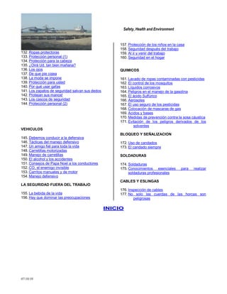 Safety, Health and Environment
07/10/10
132. Ropas protectoras
133. Protección personal (1)
134. Protección para la cabeza
135. ¿Oirá Ud. tan bien mañana?
136. Los ojos
137. De que pie cojea
138. La moda se impone
139. Protección para usted
140. Por qué usar gafas
141. Los zapatos de seguridad salvan sus dedos
142. Protejan sus manos!
143. Los cascos de seguridad
144. Protección personal (2)
VEHICULOS
145. Debemos conducir a la defensiva
146. Tácticas del manejo defensivo
147. Un amigo fiel para toda la vida
148. Carretillas motorizadas
149. Manejo de carretillas
150. El alcohol y los accidentes
151. Consejos de Papa Noel a los conductores
152. CO, el enemigo invisible
153. Carritos manuales y de motor
154. Manejo defensivo
LA SEGURIDAD FUERA DEL TRABAJO
155. La bebida de la vida
156. Hay que dominar las preocupaciones
157. Protección de los niños en la casa
158. Seguridad después del trabajo
159. Al ir y venir del trabajo
160. Seguridad en el hogar
QUIMICOS
161. Lavado de ropas contaminadas con pesticidas
162. El control de los mosquitos
163. Líquidos corrosivos
164. Peligros en el manejo de la gasolina
165. El ácido Sulfúrico
166. Aerosoles
167. El uso seguro de los pesticidas
168. Colocación de mascaras de gas
169. Acidos y bases
170. Medidas de prevención contra la sosa cáustica
171. Evitación de los peligros derivados de los
solventes
BLOQUEO Y SEÑALIZACION
172. Uso de candados
173. El candado siempre
SOLDADURAS
174. Soldaduras
175. Conocimientos esenciales para realizar
soldaduras profesionales
CABLES Y ESLINGAS
176. Inspección de cables
177. No solo las cuerdas de las horcas son
peligrosas
IINNIICCIIOO
 