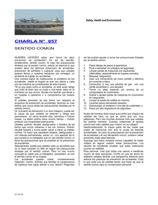 Safety, Health and Environment
07/10/10
CCHHAARRLLAA NN°° 005577
SENTIDO COMÚN
QUIEREN USTEDES saber otra forma de decir
prevención de accidentes? Es así de sencillo,
simplemente, sentido común. Si usan las precauciones
dictadas por el sentido común, sabrán en esencia lo que
quieren decir los términos prevención de accidentes,
prevención de pérdidas o cualquier cosa que ustedes
quieran llamar a nuestros esfuerzos por conseguir un
ambiente de trabajo sin accidentes.
Una manera lógica de inspeccionar el problema de los
accidentes desde el ángulo en que nos afecta a cada
uno de nosotros es considerarlos de esta manera:
―Si yo soy quien sufre un accidente, yo seré quien tenga
que sufrir el dolor que va unido a una lesión seria en el
momento en que ocurre. Quizás me tendrán que llevar a
un hospital a operarme o a componerme los huesos
rotos‖.
Si ustedes pensaran de esa forma con respecto al
programa de prevención de accidentes, tendrían en mas
estima que nunca antes las precauciones dictadas por el
sentido común.
Un momento de distracción o un acto inseguro, puede ser
la causa de que ustedes se lesionen y tenga que
permanecer en cama durante días, semanas o incluso
meses. La lesión podría durar mucho tiempo – incluso
producir una incapacidad permanente.
Ustedes podrían resultar desfigurados o lisiados de tal
forma que nunca volverían a ser los mismos. Podrán
resultar lisiados y nunca poder volver a hacer su trabajo
normal. Ya fuera que resultaran lisiados, desfigurados o
con dolores permanentes, serían un vivo ejemplo de lo
que sucede a un trabajador que no usa sentido común, ni
toma las precauciones que se enseñan en la prevención
de accidentes.
Naturalmente, puede que ustedes vean un accidente que
no lo haya causado su fallo en seguir las precauciones
dictadas por el sentido común. Pero no hay mucho
consuelo en saber que un trabajador, compañero, no usó
el sentido común en su trabajo.
Los accidentes pueden costar, monetariamente
hablando, mucho. Sufrirán sus familias la consecuencia
de ingresos mas bajos debido a una lesión? Preguntas
así les podrán ayudar a tomar las precauciones dictadas
por el sentido común.
1. Pasar debajo de pesos suspendidos;
2. Picar o esmerilar sin anteojos de seguridad;
3. Limpiar partes de máquinas con disolventes
inflamables, especialmente en lugares cerrados.
4. Bloquear resguardos;
5. Usar una herramienta de mano portátil y eléctrica
sin conectar a tierra;
6. Comprobar si hay una pérdida de gas con una
cerilla encendida o, una lampara:
7. Tomar un atajo pasando por encima de un
transportador en movimiento;
8. Aceitar o ajustar partes de máquinas en movimiento
sin resguardar;
9. Limpiar el aceite de rodillos en marcha;
10. Levantar pesos demasiado pesados
11. Sobrecargar un andamio o una pila de materiales; y
12. Pasar por alto dispositivos de seguridad.
Acabo de nombrar doce cosas que confío que ninguno de
ustedes las hará, ya que es obvio que son muy
peligrosas. Pero hay muchas docenas mas que ustedes
las podrían nombrar. Cuantas violaciones al sentido
común han visto ustedes aquí mismo, en su trabajo?
Desdichadamente, la mayor parte de las cosas que
acabo de mencionar han sido la causa de lesiones
accidentales. Un poco de preocupación por la prevención
de accidentes y el uso del sentido común, pudieron haber
prevenido todas esas lesiones.
Supongo que todos nosotros somos culpables de haber
violado en alguna ocasión estas precauciones. Los
récords de accidentes prueban que estas violaciones
ocurren en realidad.
Para terminar, creo que todos nos vamos a beneficiar
mucho de esta exposición. Confío en que de ahora en
adelante ustedes tendrán una perspectiva diferente para
enfocar las prácticas de prevención de accidentes. Todo
lo que cada uno de ustedes tienen que hacer es usar el
sentido común para su conservación personal.
 
