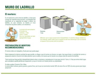 MURO DE LADRILLO
El mortero debe ser trabajable y ﬂuido para que pueda pegar.
Debe emplearse la máxima cantidad de agua posible, sin llegar a que el mortero se chorree o se agüe. Usar agua limpia. La cantidad de mortero a
prepararse estará en función de la labor posterior que se realice, de manera que la mezcla no se seque antes de asentar los ladrillos.
Toda mezcla que haya perdido trabajabilidad deberá volver a mezclarse y reemplazarse sin que pase más de 1 hora y ½. Hay que evitar añadir agua
para reemplazar aquella pérdida por evaporación, ya que el mortero así tratado pierde sus propiedades.
Se debe emplear Cemento Sol o Atlas.
La arena debe contener granos gruesos y granos ﬁnos, por lo que se recomienda mezclar 50% de arena ﬁna con 50% de arena gruesa para lograr
proporción.
Es el material de unión entre los ladrillos y sirven para
corregir las imperfecciones de estos. La propiedad más
importante es su capacidad de pegar o adherir los
ladrillos, en caso contrario, se tendría un muro
compuesto de piezas sueltas y sin resistencia.
El mortero:
PREPARACIÓN DE MORTERO
RECOMENDACIONES:
Mientras que el agua proporciona trabajabilidad, el cemento otorga resistencia.
Sin embargo, debes saber que la resistencia del muro disminuye si se incrementa
el espesor de las juntas entre los ladrillos.
La proporción para preparar
el mortero es:
cemento = 1 lata
arena = 5 latas
Una vez mezclados se bate
agregándole el agua.
Cemento
1 lata
Arena gruesa
5 latas
 