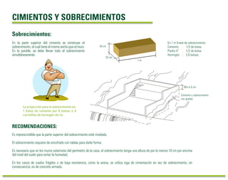 Sobrecimientos:
CIMIENTOS Y SOBRECIMIENTOS
RECOMENDACIONES:
Es imprescindible que la parte superior del sobrecimiento esté nivelada.
El sobrecimiento requiere de encofrado con tablas para darle forma.
Es necesario que en los muros exteriores del perímetro de la casa, el sobrecimiento tenga una altura de por lo menos 10 cm por encima
del nivel del suelo para evitar la humedad.
En los casos de suelos frágiles o de baja resistencia, como la arena, se utiliza viga de cimentación en vez de sobrecimiento, en
consecuencia, es de concreto armado.
En la parte superior del cimiento se construye el
sobrecimiento, el cual tiene el mismo ancho que el muro.
En lo posible, se debe llenar todo el sobrecimiento
simultáneamente.
La proporción para el sobrecimiento es:
1 bolsa de cemento por 8 bolsas o 4
carretillas de hormigón de río.
En 1 m lineal de sobrecimiento:
Cemento : 1/3 de bolsa.
Piedra 4” : 1/2 de bolsa.
Hormigón : 2.6 bolsas.
1 m
20 cm
40 cm
Mín.=1 0 cm
Cimiento y sobrecimiento
con gradas
 