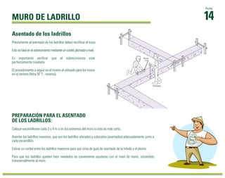 MURO DE LADRILLO 14
Ficha
Previamente al asentado de los ladrillos debes rectiﬁcar el trazo.
Estoseharáenelsobrecimientomedianteuncordel,plomadaynivel.
Es importante veriﬁcar que el sobrecimiento esté
perfectamente nivelado.
El procedimiento a seguir es el mismo al utilizado para los trazos
en el terreno (ﬁcha Nº 7 - reverso).
Asentado de los ladrillos
Colocar escantillones cada 3 o 4 m o en los extremos del muro si este es más corto.
Asentar los ladrillos maestros, que son los ladrillos ubicados y colocados (asentados) adecuadamente junto a
cada escantillón.
Estirar un cordel entre los ladrillos maestros para que sirva de guía de asentado de la hilada y el plomo.
Para que los ladrillos queden bien nivelados es conveniente ayudarse con el nivel de mano, situándolo
transversalmente al muro.
PREPARACIÓN PARA EL ASENTADO
DE LOS LADRILLOS:
Plomada
Nivel
 