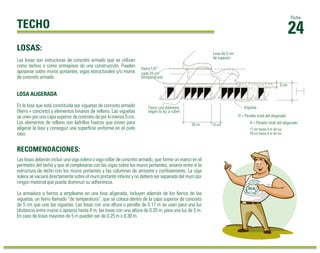 24
Ficha
TECHO
Las losas deberán incluir una viga solera o viga collar de concreto armado, que forme un marco en el
perímetro del techo y que al completarse con las vigas sobre los muros portantes, amarre entre sí la
estructura de techo con los muros portantes y las columnas de arriostre y conﬁnamiento. La viga
solera se vaciará directamente sobre el muro portante inferior y no deberá ser separada del muro por
ningún material que pueda disminuir su adherencia.
La armadura o ﬁerros a emplearse en una losa aligerada, incluyen además de los ﬁerros de las
viguetas, un ﬁerro llamado “de temperatura”, que se coloca dentro de la capa superior de concreto
de 5 cm que une las viguetas. Las losas con una altura o peralte de 0.17 m se usan para una luz
(distancia entre muros o apoyos) hasta 4 m; las losas con una altura de 0.20 m, para una luz de 5 m.
En caso de losas mayores de 5 m pueden ser de 0.25 m o 0.30 m.
RECOMENDACIONES:
Las losas son estructuras de concreto armado que se utilizan
como techos o como entrepisos de una construcción. Pueden
apoyarse sobre muros portantes, vigas estructurales y/o muros
de concreto armado.
LOSAS:
Fierro1/4”
cada 25 cm
(temperatura)
H = Peralte total del aligerado
17 cm hasta 4 m de luz
20 cm hasta 5 m de luz
Fierro con diámetro
según la luz a cubrir
Losa de 5 cm
de espesor
Vigueta
H = Peralte total del aligerado
30 cm 10 cm
5 cm
LOSA ALIGERADA
Es la losa que está constituida por viguetas de concreto armado
(ﬁerro + concreto) y elementos livianos de relleno. Las viguetas
se unen por una capa superior de concreto de por lo menos 5 cm.
Los elementos de relleno son ladrillos huecos que sirven para
aligerar la losa y conseguir una superﬁcie uniforme en el cielo
raso.
 