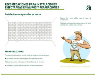 28
FichaRECOMEDACIONES PARA INSTALACIONES
EMPOTRADAS EN MUROS Y REPARACIONES
Para una correcta instalación, tome en cuenta las siguientes recomendaciones:
•Deje espacio libre entre ladrillos para el pase de las instalaciones.
•Coloque las tuberías en los espacios libres, rellenando con concreto.
•Las bajadas y subidas de las instalaciones se hacen verticalmente.
Espacio libre entre ladrillos para el pase de
instalaciones:
Se llenarán con concreto (como una columna sin fierro)
y las subidas y bajadas serán verticales.
RECOMENDACIONES:
No es correcto picar los muros para las instalaciones.
Instalaciones empotradas en muros :
 