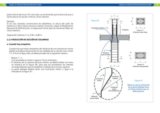 42 MANUAL DE CONSTRUCCIÓN PARA MAESTROS DE OBRA MANUAL DE CONSTRUCCIÓN PARA MAESTROS DE OBRA 43
parte central del muro. Por otro lado, se recomienda que la altura de piso a
techo (altura H) sea de 3 metros como máximo.
Ejemplo:
Si en una vivienda convencional de albañilería, la altura del paño de
ladrillo es 2.40 m (altura de piso a techo), entonces, según el Reglamento
Nacional de Edificaciones, la separación entre ejes de columnas debe ser
como máximo:
Separación máxima = 2 x 2.40 = 4.80 m.
2.2.4 REDUCCIÓN DE SECCIÓN DE COLUMNAS
a. Cuando hay empalme:
Cuando hay que hacer empalmes del refuerzo de una columna en zonas
donde se produce disminución en las medidas de su sección (ver cortes
Y-Y, X-X en la figura 46), se debe proceder de la siguiente manera:
- Restar: T – t
Si el resultado es menor o igual a 7.5 cm, entonces:
- El refuerzo de la columna del piso inferior se deberá doblar tal como
se muestra en la figura 46, para que así proveamos las mechas
correspondientes para el empalme a realizarse en el piso superior.
- La parte doblada deberá tener una inclinación menor o igual a la
indicada en la figura 47.
t
b
t
b
t
b
T
b
1
6
Y
Y
X
X
T
t
Inclinación máxima = 1:6
Empalme Corte Y-Y
(Columna más chica)
Refuerzo
que se dobla
Inclinación
mayor
NO PERMITIDO
Inclinación
menor
Inclinación
máxima
Corte X-X
(Columna más grande)
Refuerzo
que se dobla
Observa que la inclinación
de la parte doblada tiene
un límite máximo que no
debe pasarse.
Figura 46
Figura 47
 