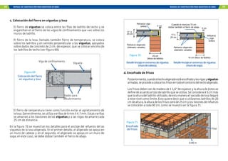 58 MANUAL DE CONSTRUCCIÓN PARA MAESTROS DE OBRA MANUAL DE CONSTRUCCIÓN PARA MAESTROS DE OBRA 59
c. Colocación del fierro en viguetas y losa
El fierro de viguetas se coloca entre las filas de ladrillo de techo y se
enganchan en el fierro de las vigas de confinamiento que van sobre los
muros de ladrillo.
El fierro de la losa, llamado también fierro de temperatura, se coloca
sobre los ladrillos y en sentido perpendicular a las viguetas, apoyados
sobre dados de concreto de 2 cm. de espesor, que se colocan encima de
los ladrillos de techo (ver figura 69).
Viga de confinamiento
Dados para
recubrimiento
Vigueta
El fierro de temperatura tiene como función evitar el agrietamiento de
lalosa.Generalmente,seutilizavarillasde6mmó4.7mm.Estasvarillas
se amarran a los bastones de las viguetas y a las vigas de amarre cada
25 cm de distancia.
En la figura 70 se muestran los detalles para el anclaje del refuerzo de las
viguetas de la losa aligerada. En el primer detalle, el aligerado se apoya en
un muro de cabeza y en el segundo, el aligerado se apoya en un muro de
soga; en este caso, se debe doblar también el fierro de abajo.
Figura 69
Colocación del fierro
en viguetas y losa
17 ò
20 cm
25 cm
(Muro de ladrillo)
4 cm
Refuerzo viga
solera
Refuerzo aligerado
(diámetro variable)
Figura 70
Refuerzo
viga
solera
4 cm
Refuerzo aligerado
(diámetro variable)
Cuando el muro es 15 cm
doblar también el fierro de abajo
17 ò
20 cm
15 cm (Muro de ladrillo)
DetalleAnclajeenextremosdeviguetas
(murodecabeza).
DetalleAnclajeenextremosdeviguetas
(murodesoga).
Figura 71
Encofrado
de frisos
d. Encofrado de frisos
Posteriormente,cuandoeltechoaligeradoestáencofradoylasvigasyviguetas
armadas,seprocedeacolocarlosfrisosentodoelcontornodeltechoaligerado.
Losfrisosdebenserdemaderade11/2”deespesorylaalturadeéstosse
definedeacuerdoaltipodeladrilloqueseutiliza.Seconsiderará5cmmás
quelaalturadelladrilloutilizado,deestamaneraelvaciadodelosallegará
a este nivel como límite. Esto quiere decir que si utilizamos ladrillos de 20
cmdealtura,laalturadelosfrisosseráde25cmyloslistonesderefuerzo
se colocarán a cada 90 cm, como se muestra en la figura 71.
Friso
0.90m
 