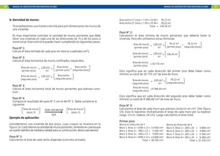 16 MANUAL DE CONSTRUCCIÓN PARA MAESTROS DE OBRA MANUAL DE CONSTRUCCIÓN PARA MAESTROS DE OBRA 17
b. Densidad de muros:
Te enseñaremos una manera sencilla para pre-dimensionar los muros de
una vivienda.
Es muy importante controlar la cantidad de muros portantes que debe
tener una vivienda en cada una de las direcciones (X, Y) y de los pisos a
construirse.Estecontrollopuedeshacercumpliendolossiguientespasos:
Paso N° 1:
Calcula el área techada de cada piso en metros cuadrados (m2).
Paso N° 2:
Calcula el área horizontal de muros confinados requeridos.
Paso N° 3:
Calcula el área horizontal total de muros portantes que piensas cons-
truir.
Paso N° 4:
Compara el resultado del paso N° 2 con el del N° 3. Debe cumplirse lo
siguiente:
Ejemplo de aplicación:
Consideremos una vivienda de dos pisos, cuyo croquis se muestra en la
figura 14. Controlemoslacantidaddemurosportantes,teniendoencuentaque
seusaránladrillosdemedianacalidadparasuconstrucción.Ahoracalculemos:
Paso N° 1:
Calculamos el área de cada techo aligerado (concreto armado).
Área de muros
(primer piso)
120 cm2
m2
=
Área techo
(primer piso)
x +
Área techo
(segundo piso)
Área de muros
(segundo piso)
120 cm2
m2
=
Área techo
(segundo piso)
x
Área de muros
(paso 3)
DEBE SER MAYOR
QUE
Área de muros
(paso 2)
Área techo (1° piso) = 7.45 x 10.50= 78.22 m2
Área techo (2° piso) = 7.45 x 10.50= 78.22 m2
Total = 156.45 m2
Paso N° 2:
Calculamos el área mínima de muros portantes que debería tener la
vivienda. Para ello utilizamos estas fórmulas:
Esto significa que en cada dirección del primer piso debe haber como
mínimo un total de 18 774 cm2 de área de muro.
Esto significa que en cada dirección del segundo piso debe haber como
mínimo un total de 9 386.40 cm2 de área de muro.
Paso N° 3:
Calculamos el área de cada muro que piensas construir en cm2. (Ver figura
14). Esto lo logramos multiplicando el largo de cada muro por su espesor
(soga: 13 cm, cabeza: 24 cm). Luego calculamos el área total.
Primer piso:
Muros en dirección de Y
Muro 1: Área 1= 1050 x 13 = 13 650 cm2
Muro 2: Área 2=		400 x 13 =		 5 200 cm2
Muro 3: Área 3=		450 x 13 =		 5 850 cm2
Muro 4: Área 4= 1050 x 13 = 13 650 cm2
Total = 38 350 cm2
Área de muros
(primer piso)
120 cm2
m2
=
78.22 m2
(primer piso)
x + 78.22 m2
(segundo piso)
Área de muros
(primer piso)
120 cm2
m2
156.45 m2
x
Área de muros
(primer piso)
18 774 cm2
Área de muros
(segundo piso)
120 cm2
m2
=
78.22 m2
(segundo piso)
x
Área de muros
(segundo piso)
=9 386.40 cm2
Muros en dirección de X
Muro 5: Área 1= 200 x 24		 =		 4 800 cm2
Muro 6: Área 2= 200 x 24		 =		 4 800 cm2
Muro 7: Área 3= 265 x 24		 =		 6 360 cm2
Muro 8: Área 4= 265 x 24		 =		 6 360 cm2
		 Total = 22 320 cm2
=
=
 