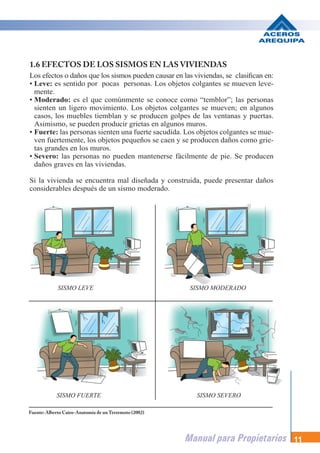 Manual para Propietarios 11
Fuente: Alberto Cairo-Anatomía de un Terremoto (2002)
SISMO LEVE SISMO MODERADO
SISMO FUERTE SISMO SEVERO
1.6 EFECTOS DE LOS SISMOS EN LAS VIVIENDAS
Los efectos o daños que los sismos pueden causar en las viviendas, se clasifican en:
• Leve: es sentido por pocas personas. Los objetos colgantes se mueven leve-
mente.
• Moderado: es el que comúnmente se conoce como “temblor”; las personas
sienten un ligero movimiento. Los objetos colgantes se mueven; en algunos
casos, los muebles tiemblan y se producen golpes de las ventanas y puertas.
Asimismo, se pueden producir grietas en algunos muros.
• Fuerte: las personas sienten una fuerte sacudida. Los objetos colgantes se mue-
ven fuertemente, los objetos pequeños se caen y se producen daños como grie-
tas grandes en los muros.
• Severo: las personas no pueden mantenerse fácilmente de pie. Se producen
daños graves en las viviendas.
Si la vivienda se encuentra mal diseñada y construida, puede presentar daños
considerables después de un sismo moderado.
 