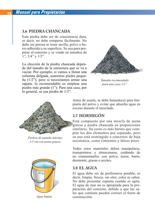 18 Manual para Propietarios
3.6 PIEDRA CHANCADA
Esta piedra debe ser de consistencia dura,
es decir, no debe romperse fácilmente. No
debe ser porosa ni tener arcilla, polvo o ba-
rro adherido a su superficie. Se usa para pre-
parar el concreto y se vende en tamaños de
1”, 3/4” y 1/2”.
La elección de la piedra chancada depen-
de del tamaño de la estructura que se va a
vaciar. Por ejemplo, si vamos a llenar una
columna delgada, usaremos piedra peque-
ña (1/2”), pero si necesitamos armar una
zapata, lo recomendable es emplear una
piedra más grande (1”). Para una casa, por
lo general, se usa piedra de 1/2”.
Antes de usarla, se debe humedecer para lim-
piarla del polvo y evitar que absorba agua en
exceso durante el mezclado.
3.7 HORMIGÓN
Está compuesto por una mezcla de arena
gruesa y piedra chancada en proporciones
similares. Su costo es más barato que com-
prar los dos elementos por separado, pero
su uso está restringido a concretos de baja
resistencia, como cimientos y falsos pisos.
Todos estos materiales deben manipularse,
transportarse y almacenarse, cuidando de
no contaminarlos con polvo, tierra, barro,
desmonte, grasas o aceites.
3.8 EL AGUA
El agua debe ser de preferencia potable, es
decir, limpia, fresca, sin olor, color ni sabor.
No debe presentar espuma cuando se agita.
El agua de mar no es apropiada para la pre-
paración del concreto, debido a que las sa-
les que contiene pueden corroer el fierro de
construcción.
Tamaño recomendado
para una casa:1/2”
No
a-
re-
de
n
n-
-
a
a a
a
n
na
a
e
e-
-
Piedras de tamaño máximo
3.5 cm con arena gruesa
A
pi
ex
3.
Es
g
g
g
gr
si
pr
su
Piedras de tamaño máximo
Agua limpia
 