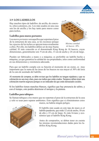 Manual para Propietarios 19
3.9 LOS LADRILLOS
Hay muchos tipos de ladrillos: de arcilla, de concre-
to, silico-calcáreos, etc. Los más usados en una casa
son los de arcilla y los hay tanto para muros como
para techos.
Ladrillos para muros portantes
Losmurosportantessonaquellosquesoportanelpeso
de la estructura de una casa, se les reconoce porque
las viguetas de los techos se apoyan transversalmente
a ellos. Por ello, los ladrillos deben ser de muy buena
calidad. El más conocido es el denominado King Kong de 18 huecos, cuyas
dimensiones, generalmente son: 9 cm de alto, 13 cm de ancho y 24 cm de largo.
Pueden ser fabricados a mano o a máquina; es preferible un ladrillo hecho a
máquina, ya que garantiza la calidad de sus propiedades, tales como uniformidad
en sus dimensiones y resistencia adecuada.
Para que un ladrillo cumpla con su función al momento de un sismo, es muy
importante que la suma de las áreas de los huecos no sea mayor al 30% del área
de la cara de asentado del ladrillo.
Al momento de comprar, se debe revisar que los ladrillos no tengan rajaduras y que su
coloración no sea muy clara, pues eso indica que están crudos. Tampoco deben tener una
coloración marrón negruzca porque es un indicador de que están demasiado cocidos.
Si los ladrillos tienen manchas blancas, significa que hay presencia de salitre, y
con el tiempo, esto podría deteriorar el tarrajeo y la pintura.
Ladrillos para tabiques
Se llaman tabiques a los muros que no soportan el peso de la estructura de la casa
y solo se usan para separar ambientes. Esto significa que si elimináramos estos
muros, no habría ningún peligro.
El ladrillo más usado en este tipo de muro es el
ladrillo pandereta, que mide 12 cm de ancho, 10 cm
de alto y 23 cm de largo. Es más liviano y eco-
nómico que el ladrillo King Kong.
Antes de comprarlos, se deben tener en cuenta
las mismas recomendaciones dadas para los la-
drillos King Kong.
Máxima cantidad
de huecos: 30%
13 cm
24 cm
9
cm
23 cm
12 cm
10
cm
 