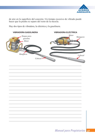 Manual para Propietarios 27
de aire en la superficie del concreto. Un tiempo excesivo de vibrado puede
hacer que la piedra se separe del resto de la mezcla.
Hay dos tipos de vibradora, la eléctrica y la gasolinera.
VIBRADORA GASOLINERA VIBRADORA ELÉCTRICA
Manguera
Motor
Tanque para
gasolina
Cabezal
Manguera
Motor
Cabezal
 