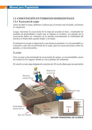 40 Manual para Propietarios
7.2 CIMENTACIÓN EN TERRENOS HORIZONTALES
7.2.1 Excavación de zanjas
Antes de abrir la zanja, debemos verificar que el terreno esté nivelado, sin basura
ni vegetación.
Luego, iniciamos la excavación de la zanja de acuerdo al trazo, respetando las
medidas de profundidad y ancho que se indican en el plano. Las paredes de la
excavación deben ser verticales en lo posible (considerando la estabilidad del
terreno) el fondo debe quedar limpio y nivelado.
El material excavado se depositará a una distancia prudente. Lo recomendable es
colocarlo a unos 60 cm del borde de la zanja, para no causar presiones sobre las
paredes y evitar derrumbes.
El solado
Una vez que se ha terminado la excavación de zanjas, es recomendable vaciar
un solado en los lugares donde se van a plantar las columnas.
El solado es una capa delgada de concreto de 10 cm de altura que nos permitirá
Distancia
mínima 60 cm
Profundidad
mínima 80 cm.
Base del cimiento
Superficie
del terreno
Pared de zanja
Material de
excavación
SECCIÓN TRANSVERSAL DE LA ZANJA
Solado
80 cm
(Mínimo)
10 cm
 