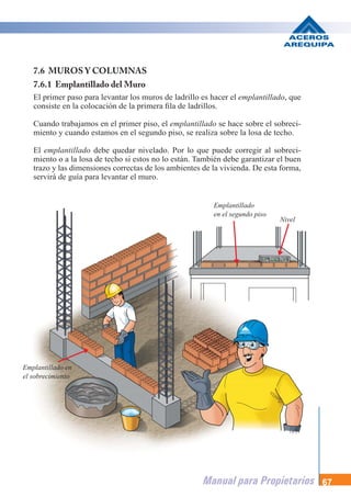 Manual para Propietarios 67
7.6 MUROS Y COLUMNAS
7.6.1 Emplantillado del Muro
El primer paso para levantar los muros de ladrillo es hacer el emplantillado, que
consiste en la colocación de la primera fila de ladrillos.
Cuando trabajamos en el primer piso, el emplantillado se hace sobre el sobreci-
miento y cuando estamos en el segundo piso, se realiza sobre la losa de techo.
El emplantillado debe quedar nivelado. Por lo que puede corregir al sobreci-
miento o a la losa de techo si estos no lo están. También debe garantizar el buen
trazo y las dimensiones correctas de los ambientes de la vivienda. De esta forma,
servirá de guía para levantar el muro.
Emplantillado en
el sobrecimiento
Emplantillado
en el segundo piso
Nivel
 