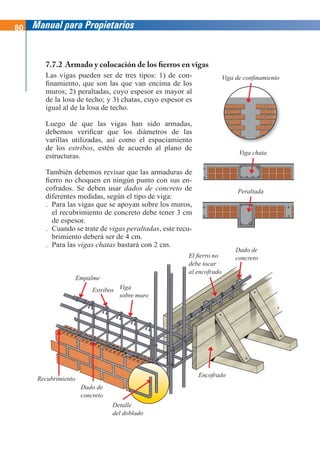 80 Manual para Propietarios
Las vigas pueden ser de tres tipos: 1) de con-
finamiento, que son las que van encima de los
muros; 2) peraltadas, cuyo espesor es mayor al
de la losa de techo; y 3) chatas, cuyo espesor es
igual al de la losa de techo.
Luego de que las vigas han sido armadas,
debemos verificar que los diámetros de las
varillas utilizadas, así como el espaciamiento
de los estribos, estén de acuerdo al plano de
estructuras.
También debemos revisar que las armaduras de
fierro no choquen en ningún punto con sus en-
cofrados. Se deben usar dados de concreto de
diferentes medidas, según el tipo de viga:
. Para las vigas que se apoyan sobre los muros,
el recubrimiento de concreto debe tener 3 cm
de espesor.
. Cuando se trate de vigas peraltadas, este recu-
brimiento deberá ser de 4 cm.
. Para las vigas chatas bastará con 2 cm.
Viga de confinamiento
Viga chata
Peraltada
Empalme
Estribos
Recubrimiento
Dado de
concreto
Detalle
del doblado
Encofrado
Viga
sobre muro
El fierro no
debe tocar
al encofrado
Dado de
concreto
7.7.2 Armado y colocación de los fierros en vigas
 