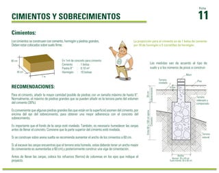 11 Ficha 
CIMIENTOS Y SOBRECIMIENTOS 
Cimientos: 
Los cimientos se construyen con cemento, hormigón y piedras grandes. 
Deben estar colocados sobre suelo firme. 
1 m 
80 cm 
40 cm 
RECOMENDACIONES: 
La proporción para el cimiento es de 1 bolsa de cemento 
por 10 de hormigón o 5 carretillas de hormigón. 
Para el cimiento, añadir la mayor cantidad posible de piedras con un tamaño máximo de hasta 8”. 
Normalmente, el máximo de piedras grandes que se pueden añadir es la tercera parte del volumen 
del cimiento (30%). 
Es conveniente que algunas piedras grandes (las que están en la superficie) asomen del cimiento, por 
encima del eje del sobrecimiento, para obtener una mejor adherencia con el concreto del 
sobrecimiento. 
Es importante que el fondo de la zanja esté nivelado. También, es necesario humedecer las zanjas 
antes de llenar el concreto. Conviene que la parte superior del cimiento esté nivelada. 
Si se construye sobre arena suelta se recomienda aumentar el ancho de los cimientos a 60 cm. 
Si al excavar las zanjas encuentras que el terreno esta húmedo, estas deberán tener un ancho mayor 
(lo conveniente es aumentarlas a 60 cm) y posteriormente construir una viga de cimentación. 
Antes de llenar las zanjas, coloca los refuerzos (fierros) de columnas en los ejes que indique el 
proyecto. 
Muro 
Piso 
Terreno 
rellenado y 
compactado 
Terreno 
nivelado 
Terreno 
natural 
Ancho 
Entre 80 y 100 cm aprox. 30 cm 
Cimiento Sobrecimiento 
10 cm 
Normal: 30 a 40 cm 
Suelo blando: 50 a 60 cm 
En 1ml de concreto para cimiento 
Cemento : 1 bolsa 
Piedra 8” : 0.10 m³ 
Hormigón : 10 bolsas 
Las medidas van de acuerdo al tipo de 
suelo y a los números de pisos a construir. 
 