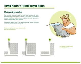 CIMIENTOS Y SOBRECIMIENTOS 
Muros estructurales: 
Son muros de concreto armado, es decir, llevan armadura de fierro. 
Presentan ligeros movimientos de flexión y dado que el cuerpo trabaja 
como un voladizo vertical, su espesor requerido aumenta rápidamente 
con el incremento de la altura del muro. 
Presentan un saliente sobre el que se apoya parte del terreno, de manera 
que muro y terreno trabajan en conjunto. 
Existen varios tipos de muros de contención. 
Aquí, algunos ejemplos: 
A B C 
Las zapatas grandes evitan 
el vuelco del muro. 
 