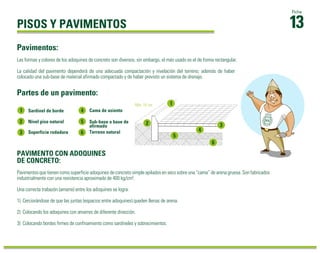 PISOS Y PAVIMENTOS 13 Ficha 
Pavimentos: 
Las formas y colores de los adoquines de concreto son diversos, sin embargo, el más usado es el de forma rectangular. 
La calidad del pavimento dependerá de una adecuada compactación y nivelación del terreno; además de haber 
colocado una sub-base de material afirmado compactado y de haber previsto un sistema de drenaje. 
Partes de un pavimento: 
Sardinel de borde 
Nivel piso natural 
Superficie rodadura 
Cama de asiento 
Sub-base o base de 
afirmado 
Terreno natural 
PAVIMENTO CON ADOQUINES 
DE CONCRETO: 
Mín. 10 cm 
Pavimentos que tienen como superficie adoquines de concreto simple apilados en seco sobre una “cama” de arena gruesa. Son fabricados 
industrialmente con una resistencia aproximada de 400 kg/cm². 
Una correcta trabazón (amarre) entre los adoquines se logra: 
1) Cerciorándose de que las juntas (espacios entre adoquines) queden llenas de arena. 
2) Colocando los adoquines con amarres de diferente dirección. 
3) Colocando bordes firmes de confinamiento como sardineles y sobrecimientos. 
 