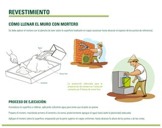 REVESTIMIENTO 
CÓMO LLENAR EL MURO CON MORTERO 
Se debe aplicar el mortero con la plancha de batir sobre la superficie (realizarlo en capas sucesivas hasta alcanzar el espesor de los puntos de referencia). 
La proporción adecuada para la 
preparación de mortero es 1 bolsa de 
cemento por 5 bolsas de arena fina. 
Agua 
Cemento 
PROCESO DE EJECUCIÓN: 
Arena fina 
Humedezca la superficie a rellenar, aplicando suficiente agua para evitar que el paño se queme. 
Prepare el mortero, mezclando primero el cemento y la arena; posteriormente agregue el agua hasta darle la plasticidad adecuada. 
Aplique el mortero sobre la superficie, empezando por la parte superior en capas uniformes, hasta alcanzar la altura de los puntos o de las cintas. 
 