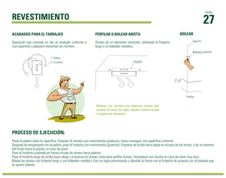 27 Ficha REVESTIMIENTO 
BOLEAR 
2" x 4" 
PERFILAR O BOLEAR ARISTA 
Aristas de un elemento revestido, utilizando el frotacho 
largo o un boleador metálico. 
frotacho 
Rellena con mortero los espacios vacíos que 
quedan al retirar la regla, usando mortero fuerte 
(cargado de cemento). 
ACABADOS PARA EL TARRAJEO 
Operación que consiste en dar un acabado uniforme a 
una superficie cualquiera revestida con mortero. 
1. Paleta 
2. Frotacho 
PROCESO DE EJECUCIÓN: 
Esquina 
Boleador metálico 
Perfilar 
Pasar la paleta sobre la superficie, frotando el mortero con movimientos giratorios, hasta conseguir una superficie uniforme. 
Después de emparejarlo con la paleta, pase el frotacho con movimientos giratorios. Empiece de arriba hacia abajo en el caso de los muros, o de un extremo 
del fondo hacia la puerta, en caso de pisos. 
Pase el frotacho cuadrado en forma circular de afuera hacia adentro. 
Pase el frotacho largo de arriba hacia abajo y viceversa en ambas caras para perfilar aristas. Humedecer con brocha en caso de estar muy seco. 
Bolear las aristas con frotacho largo o con boleador metálico. Esto se logra presionando y dándole la forma con el frotacho de acuerdo con el boleado que 
se quiere obtener. 
 