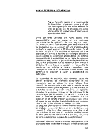 MANUAL DE CRIMINALISTICA PNP 2006
359
Fig b.- Exclusión basada en la primera regla
de Landsteiner: el presento padre y el hijo
son homocigotes para dos alelos distintos. El
error es posible por la presencia de alelos
silentes (Hp O) relativamente frecuentes en
algunas poblaciones.
Debe, por tanto, valorarse con mucha cautela toda
incompatibilidad que se apoye en una exclusión
procedente de la aplicación de esta segunda regla,
circunstancia que no suele suceder, pues el término medio
de exclusiones que se obtienen con una probabilidad de
exclusión a priori superior a 99,9% es de cuatro. En el
supuesto de que en una investigación aparezca una sola
exclusión, sea directa o indirecta, debe siempre calcularse
la probabilidad de paternidad, prescindiendo del sistema
incompatible. Si la probabilidad es muy baja, la exclusión
puede valorarse; pero si la probabilidad de paternidad es
alta, lo más probable es que se trate de un error técnico o
biológico. Si esto llegara a suceder, es inexcusable la
ampliación del estudio a nuevos marcadores que
clarifiquen la situación en un sentido o en otro, esto es, que
confirmen la exclusión o suban la probabilidad de
paternidad.
La posibilidad de mutación, otra hipotética causa de
errores biológicos, es realmente excepcional en los
marcadores que se utilizan de forma habitual. Una
mutación es prácticamente indetectable y consiste en una
modificación de una parte del genoma que puede obedecer
a distintas causas. Su aparición conduciría a una aparente
situación de exclusión, incluso con la aplicación de la
primera regla, por lo que ante una exclusión puntual sólo
cabe la conducta prudente en su valoración que se
exponían en el párrafo anterior. En cualquier caso debe
afirmarse la casi absoluta imposibilidad de una mutación
puntual que origine, además, un alelo ya conocido.
La pregunta: ¿qué garantía hay de que una exclusión no
es producto de un error técnico, un error biológico o una
mutación?, sólo tiene dos respuestas: muy alta, si el
procedimiento técnico tiene en cuenta las posibles causas
de error y las detecta con facilidad, o bien muy baja, si no
se tiene en cuenta todo lo expuesto con anterioridad.
Todo sería más fácil desde el punto de vista genético si se
dispusiera de la posibilidad de estudiar todo el genoma del
 
