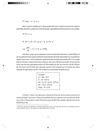 (7)
Que é o mesmo resultado que se chega quando derivamos a função receita total em relação à
quantidade, para obter a variação da receita total quando a quantidade produzida aumenta em uma unidade.
(8)

(9)

(10)
Vale dizer: sempre que nos deparamos com uma função demanda linear, a função RMg é tal
que seu parâmetro linear é igual ao parâmetro linear da função demanda representada (Ar) e seu parâmetro
angular é duas vezes o valor do parâmetro angular da função demanda representada (2br). Um exemplo
pode ser útil para a compreensão destas categorias. Seja uma confeitaria que produz exclusivamente
tortas e que tem uma capacidade produtiva de 200 unidades por dia. Seu custo fixo é de R$ 1000 por
dia. Seu custo variável médio (por suposição, igual ao custo marginal, que é constante até a plena
utilização da capacidade) é de R$ 4. Ela se depara com uma função demanda tal que:
Exemplo 1
Q = 400 - 20 P
P = 20 - 0,05 Q
RT = Q x P = Q (20 - 0,05 Q)
RT = 20 Q - 0,05 Q2
RMg = 20 - 0,1Q

A Tabela 1, abaixo, nos apresenta a situação da firma aos diversos preços possíveis de
comercialização130 das tortas. O ponto de equilíbrio (de lucro máximo) está marcado pelo fundo
cinza. Nele, a firma produz e vende 160 tortas ao preço de R$12,00 a unidade, obtendo um lucro de
R$280,00 por dia.
130

Vale dizer: tratam-se de alternativas meramente hipotéticas, que já se revelam pelo fato de que sua demanda potencial
máxima (quando o preço é zero) superar sua capacidade produtiva máxima.

130

 