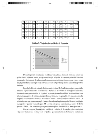 Gráfico 3 - Variação não-isoelástica de Demanda

Desde logo vale notar que o padrão de variação de demanda é tal que caiu o seu
preço limite superior: antes, era preciso chegar ao preço de 25 reais para que o último
comprador abrisse mão de adquirir pelo menos um produto da firma. Agora, com o preço
de 21 já não há mais compradores interessados em adquirir sequer uma unidade do produto
da firma.
Para Kalecki, esta redução do intercepto vertical da função demanda representada,
não está expressando outra coisa do que a depressão do “poder de monopólio” da firma.
Uma depressão que também se expressa na elevação da elasticidade da demanda a cada
alternativa de preço de oferta para o produto da firma. Ao preço de R$ 15, que correspondia
ao preço inicial de maximização de lucro da firma, a elasticidade da demanda era de 1,5
originalmente, mas passou a ser de 2,5 após a alteração da função demanda. No novo equilíbrio,
o preço teve que ser reduzido para R$ 13. E a este preço a elasticidade (antes de 1,08)
passou a ser de 1,63. De forma que o grau de monopólio também cai de 0,667 para 0,615.
Ora, argumenta Kalecki, este padrão de variação de demanda – não-isoelástico
- é possível; mas não corresponde ao padrão que caracteriza as flutuações cíclicas ou

138

 