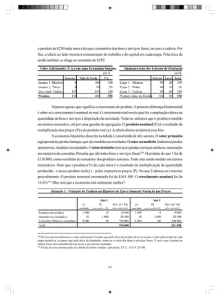 o produto de $250 nada mais é do que o somatório dos bens e serviços finais, no caso a cadeira. Por
fim, a tabela ao lado mostra a remuneração do trabalho e do capital em cada etapa. Pela ótica da
renda também se chega ao montante de $250.

Vejamos agora o que significa o crescimento do produto. A primeira diferença fundamental
é saber se o crescimento é nominal ou real. O crescimento real revela qual foi a ampliação efetiva na
quantidade de bens e serviços à disposição da sociedade. Todavia, sabemos que o produto é medido
em termos monetário, até por uma questão de agregação. O produto nominal (Y) é o resultado da
multiplicação dos preços (P) e do produto real (y). A tabela abaixo evidencia esse fato.
A economia hipotética descrita na tabela é constituída de três setores. O setor primário
(agropecuária) produz laranjas, que são medidas em toneladas. O setor secundário (indústria) produz
automóveis, medidos em unidades. O setor terciário (serviços) produz serviços médicos, mesurados
em números de consultas. Perceba que são todos bens e serviços finais188. O produto do ano 1 foi de
$310.000, como resultado do somatório dos produtos setoriais. Tudo está sendo medido em termos
monetários. Note que o produto (Y) de cada setor é o resultado da multiplicação da quantidade
produzida – o nosso produto real (y) – pelos respectivos preços (P). No ano 2 adotou-se o mesmo
procedimento. O produto nominal encontrado foi de $361.500. O crescimento nominal foi de
16.6%189. Mas será que a economia está realmente melhor?

188

Por isso desconsideramos o valor adicionado. Lembre que pela ótica do produto deve-se somar o valor adicionado de cada
etapa produtiva, ao passo que pela ótica do dispêndio, soma-se o valor dos bens e serviços finais. É isso o que fizemos na
tabela. Estes dois métodos devem levar a um mesmo resultado.
189
A taxa de crescimento pode ser obtida de forma simples, aplicando: [(Y2 – Y1)/Y1]*100.

205

 