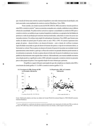 que vincula de forma mais estreita os países hospedeiros com redes internacionais de produção, está
mais associado a uma ampliação do comércio exterior (Machinea e Vera, 2006).
Neste sentido, um estudo recente da OCDE (OECD, 2002) encontrou vínculos positivos
entre IDE e comércio exterior273 para as economias avançadas sem, contudo, estabelecer uma evidência
robusta de causalidade. No plano teórico seria de se esperar a causalidade no sentido do IDE para o
comércio exterior, na medida em que os países hospedeiros tenderiam a se apropriar das facilidades de
pertencer a redes de produção previamente internacionalizadas, reduzindo os custos de acesso aos
mercados externos. Um esforço mais amplo foi realizado por Aizenman e Noy (2005), que fizeram uma
análise de dados de painel para 83 países entre os anos 1982 e 1993. Os autores separaram dois
grupos de países – desenvolvidos e em desenvolvimento – com o intuito de verificar eventuais
especificidades associadas ao grau de desenvolvimento dos países e o tipo de investimento direto, se
horizontal ou vertical. Para os países em desenvolvimento foi possível encontrar um resultado inicial
aparentemente contra-intuitivo, qual seja: os fluxos de comércio no passado afetariam positivamente os
investimentos no presente. Já entre os países desenvolvidos não foi possível estabelecer esse mesmo
padrão de relacionamento entre aquelas duas variáveis. Adicionalmente, esse mesmo trabalho encontrou
uma relação positiva e significativa entre o IDE realizado no passado e comércio exterior no presente
para os dois grupos de países. Essa segunda relação foi mais robusta que a primeira.
Os gráficos a seguir reforçam a percepção de que são complexas as relações entre IDE e
crescimento da renda (gráfico 11.1) e IDE e comércio exterior (gráfico 11.2).

Fonte: Elaboração própria com base nos dados da Unctad (World Investment Report) e FMI (World Economic
Outlook Database)
273
A proxy utilizada foi o coeficiente de abertura comercial (exportações mais importações dividido pelo PIB) na média do
período 1995-2000. Para o IDE foi utilizada uma média dos fluxos de entradas e saídas naquele mesmo período.

296

 