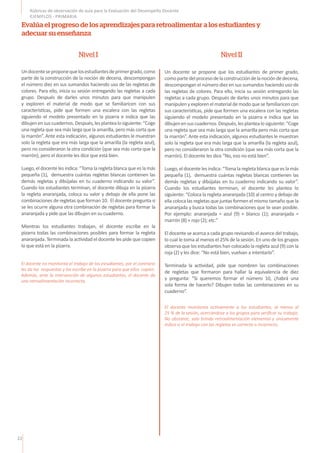 22
Rúbricas de observación de aula para la Evaluación del Desempeño Docente
EJEMPLOS - PRIMARIA
Undocenteseproponequelosestudiantesdeprimergrado,como
parte de la construcción de la noción de decena, descompongan
el número diez en sus sumandos haciendo uso de las regletas de
colores. Para ello, inicia su sesión entregando las regletas a cada
grupo. Después de darles unos minutos para que manipulen
y exploren el material de modo que se familiaricen con sus
características, pide que formen una escalera con las regletas
siguiendo el modelo presentado en la pizarra e indica que las
dibujenensuscuadernos.Después,lesplantealosiguiente:“Coge
una regleta que sea más larga que la amarilla, pero más corta que
la marrón”. Ante esta indicación, algunos estudiantes le muestran
solo la regleta que era más larga que la amarilla (la regleta azul),
pero no consideraron la otra condición (que sea más corta que la
marrón), pero el docente les dice que está bien.
Luego, el docente les indica: “Toma la regleta blanca que es la más
pequeña (1), demuestra cuántas regletas blancas contienen las
demás regletas y dibújalas en tu cuaderno indicando su valor”.
Cuando los estudiantes terminan, el docente dibuja en la pizarra
la regleta anaranjada, coloca su valor y debajo de ella pone las
combinaciones de regletas que forman 10. El docente pregunta si
se les ocurre alguna otra combinación de regletas para formar la
anaranjada y pide que las dibujen en su cuaderno.
Mientras los estudiantes trabajan, el docente escribe en la
pizarra todas las combinaciones posibles para formar la regleta
anaranjada. Terminada la actividad el docente les pide que copien
lo que está en la pizarra.
Un docente se propone que los estudiantes de primer grado,
comopartedelprocesodelaconstruccióndelanocióndedecena,
descompongan el número diez en sus sumandos haciendo uso de
las regletas de colores. Para ello, inicia su sesión entregando las
regletas a cada grupo. Después de darles unos minutos para que
manipulen y exploren el material de modo que se familiaricen con
sus características, pide que formen una escalera con las regletas
siguiendo el modelo presentado en la pizarra e indica que las
dibujenensuscuadernos.Después,lesplantealosiguiente:“Coge
una regleta que sea más larga que la amarilla pero más corta que
la marrón”. Ante esta indicación, algunos estudiantes le muestran
solo la regleta que era más larga que la amarilla (la regleta azul),
pero no consideraron la otra condición (que sea más corta que la
marrón). El docente les dice “No, eso no está bien”.
Luego, el docente les indica: “Toma la regleta blanca que es la más
pequeña (1), demuestra cuántas regletas blancas contienen las
demás regletas y dibújalas en tu cuaderno indicando su valor”.
Cuando los estudiantes terminan, el docente les plantea lo
siguiente: “Coloca la regleta anaranjada (10) al centro y debajo de
ella coloca las regletas que juntas formen el mismo tamaño que la
anaranjada y busca todas las combinaciones que te sean posible.
Por ejemplo: anaranjada = azul (9) + blanco (1); anaranjada =
marrón (8) + rojo (2); etc.”
El docente se acerca a cada grupo revisando el avance del trabajo,
lo cual le toma al menos el 25% de la sesión. En uno de los grupos
observa que los estudiantes han colocado la regleta azul (9) con la
roja (2) y les dice: “No está bien, vuelvan a intentarlo”.
Terminada la actividad, pide que nombren las combinaciones
de regletas que formaron para hallar la equivalencia de diez
y pregunta: “Si queremos formar el número 10, ¿habrá una
sola forma de hacerlo? Dibujen todas las combinaciones en su
cuaderno”.
Nivel I Nivel II
Evalúa el progreso de los aprendizajes para retroalimentar a los estudiantes y
adecuar su enseñanza
El docente no monitorea el trabajo de los estudiantes, por el contrario
les da las respuestas y las escribe en la pizarra para que ellos copien.
Además, ante la intervención de algunos estudiantes, el docente da
una retroalimentación incorrecta.
El docente monitorea activamente a los estudiantes, al menos el
25 % de la sesión, acercándose a los grupos para verificar su trabajo.
No obstante, solo brinda retroalimentación elemental y únicamente
indica si el trabajo con las regletas es correcto o incorrecto.
 