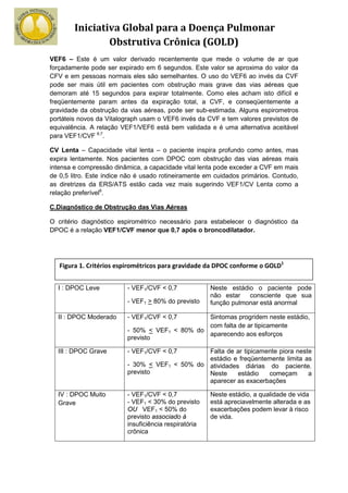 Iniciativa Global para a Doença Pulmonar
                Obstrutiva Crônica (GOLD)
VEF6 – Este é um valor derivado recentemente que mede o volume de ar que
forçadamente pode ser expirado em 6 segundos. Este valor se aproxima do valor da
CFV e em pessoas normais eles são semelhantes. O uso do VEF6 ao invés da CVF
pode ser mais útil em pacientes com obstrução mais grave das vias aéreas que
demoram até 15 segundos para expirar totalmente. Como eles acham isto difícil e
freqüentemente param antes da expiração total, a CVF, e conseqüentemente a
gravidade da obstrução da vias aéreas, pode ser sub-estimada. Alguns espirometros
portáteis novos da Vitalograph usam o VEF6 invés da CVF e tem valores previstos de
equivalência. A relação VEF1/VEF6 está bem validada e é uma alternativa aceitável
para VEF1/CVF 6,7.

CV Lenta – Capacidade vital lenta – o paciente inspira profundo como antes, mas
expira lentamente. Nos pacientes com DPOC com obstrução das vias aéreas mais
intensa e compressão dinâmica, a capacidade vital lenta pode exceder a CVF em mais
de 0,5 litro. Este índice não é usado rotineiramente em cuidados primários. Contudo,
as diretrizes da ERS/ATS estão cada vez mais sugerindo VEF1/CV Lenta como a
relação preferível6.

C.Diagnóstico de Obstrução das Vias Aéreas

O critério diagnóstico espirométrico necessário para estabelecer o diagnóstico da
DPOC é a relação VEF1/CVF menor que 0,7 após o broncodilatador.




   Figura 1. Critérios espirométricos para gravidade da DPOC conforme o GOLD1


  I : DPOC Leve           - VEF1/CVF < 0,7             Neste estádio o paciente pode
                                                       não estar   consciente que sua
                          - VEF1 > 80% do previsto     função pulmonar está anormal

  II : DPOC Moderado      - VEF1/CVF < 0,7      Sintomas progridem neste estádio,
                                                com falta de ar tipicamente
                          - 50% < VEF1 < 80% do
                                                aparecendo aos esforços
                          previsto

  III : DPOC Grave        - VEF1/CVF < 0,7      Falta de ar tipicamente piora neste
                                                estádio e freqüentemente limita as
                          - 30% < VEF1 < 50% do atividades diárias do paciente.
                          previsto              Neste     estádio   começam       a
                                                aparecer as exacerbações

  IV : DPOC Muito         - VEF1/CVF < 0,7             Neste estádio, a qualidade de vida
  Grave                   - VEF1 < 30% do previsto     está apreciavelmente alterada e as
                          OU VEF1 < 50% do             exacerbações podem levar à risco
                          previsto associado à         de vida.
                          insuficiência respiratória
                          crônica
 