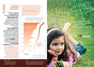CLIMA              É preciso              A concentração de gases de efeito estufa
                                          na atmosfera é medida em partes por milhão
                 FAZER MAIS               (ppm) de CO2. Ela oscilou entre 200 ppm
                COM MENOS                 e 280 ppm durante 400 mil anos. A partir
                                          da Revolução Industrial, seguida
           As principais atividades       do aumento de riqueza e do crescimento
             emissoras de GEE são         populacional no mundo, esse valor subiu
   queima de combustíveis                 rapidamente; já está em 392 ppm.
        fósseis para gerar energia
        e desmatamento.                           Caso a concentração de CO2 se estabilize
       As nações mais ricas são as              em 450 ppm, temos até 60% de chance de
      grandes responsáveis, mas a               manter a elevação da temperatura em 2°C.
     tendência é que os países em                                                       14,6°C
  desenvolvimento as ultrapassem         2010
   em breve. A China já é o maior                                                  14,3°C
                                         2000
                  emissor mundial.              A temperatura no planeta
                                                está 0,6°C acima da média
          Em termos de emissão                  histórica, de 14°C.
            per capita, porém,           1980                                  14,2°C
 os Estados Unidos são o campeão:
 cada habitante emite 18 toneladas
     de CO2, contra 5 toneladas por                                   14,0°C
                                         1960
  chinês. Na média, cada pessoa no
  planeta emite 7 toneladas de CO2
    por ano. O ideal é que até 2050
                                         1940                            14,1°C
     – quando a população mundial
    chegará a 9 bilhões – esse




                                                                                                       fonteS: Nasa/ Earth Policy Institute
   valor tenha caído para 1 tonelada
      per capita: o equivalente, hoje,   1920                  13,8°C
               a um vôo para                                                        350 ppm
 a Europa em classe econômica.                                  13,9°C
                                                                                    é o limite
                                                                                    considerado
                                                                                    seguro.
   É preciso mudar hábitos para          1900
  reduzir o impacto do nosso estilo
       de vida no planeta. Governos                          13,8°C
   buscam acordos mundiais, como         1880
      na Rio+20; empresas estudam
   como produzir mais com menos.                Revolução
         Participe desse movimento              Industrial
   praticando escolhas sustentáveis                                     280 300 320 340 360 380 400
    em seu dia a dia. Faz diferença.                           Concentração de CO2 (partes por milhão) .

   1985 a 1995                                    1987
   A Mata Atlântica perde mais                    Publicação do Relatório Nosso Futuro Comum,
   de 1 millhão de hectares entre                 da ONU, o “Relatório Brundtland”, que define
   São Paulo e Santa Catarina.                    o conceito de desenvolvimento sustentável.
 