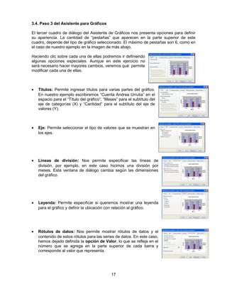 3.4. Paso 3 del Asistente para Gráficos
El tercer cuadro de diálogo del Asistente de Gráficos nos presenta opciones para definir
su apariencia. La cantidad de “pestañas” que aparecen en la parte superior de este
cuadro, depende del tipo de gráfico seleccionado. El máximo de pestañas son 6, como en
el caso de nuestro ejemplo en la imagen de más abajo.
Haciendo clic sobre cada una de ellas podremos ir definiendo
algunas opciones especiales. Aunque en este ejercicio no
será necesario hacer mayores cambios, veremos qué permite
modificar cada una de ellas.
• Títulos: Permite ingresar títulos para varias partes del gráfico.
En nuestro ejemplo escribiremos “Cuenta Andrea Urrutia” en el
espacio para el “Título del gráfico”; “Meses” para el subtítulo del
eje de categorías (X) y “Cantidad” para el subtítulo del eje de
valores (Y).
• Eje: Permite seleccionar el tipo de valores que se muestran en
los ejes.
• Líneas de división: Nos permite especificar las líneas de
división, por ejemplo, en este caso hicimos una división por
meses. Esta ventana de diálogo cambia según las dimensiones
del gráfico.
• Leyenda: Permite especificar si queremos mostrar una leyenda
para el gráfico y definir la ubicación con relación al gráfico.
• Rótulos de datos: Nos permite mostrar rótulos de datos y el
contenido de estos rótulos para las series de datos. En este caso,
hemos dejado definida la opción de Valor, lo que se refleja en el
número que se agrega en la parte superior de cada barra y
corresponde al valor que representa.
17
 