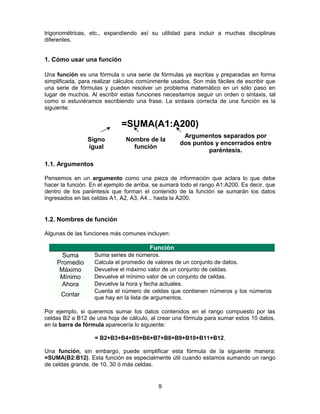 trigonométricas, etc., expandiendo así su utilidad para incluir a muchas disciplinas
diferentes.
1. Cómo usar una función
Una función es una fórmula o una serie de fórmulas ya escritas y preparadas en forma
simplificada, para realizar cálculos comúnmente usados. Son más fáciles de escribir que
una serie de fórmulas y pueden resolver un problema matemático en un sólo paso en
lugar de muchos. Al escribir estas funciones necesitamos seguir un orden o sintaxis, tal
como si estuviéramos escribiendo una frase. La sintaxis correcta de una función es la
siguiente:
=SUMA(A1:A200)
Signo
igual
Nombre de la
función
Argumentos separados por
dos puntos y encerrados entre
paréntesis.
1.1. Argumentos
Pensemos en un argumento como una pieza de información que aclara lo que debe
hacer la función. En el ejemplo de arriba, se sumará todo el rango A1:A200. Es decir, que
dentro de los paréntesis que forman el contenido de la función se sumarán los datos
ingresados en las celdas A1, A2, A3, A4... hasta la A200.
1.2. Nombres de función
Algunas de las funciones más comunes incluyen:
Función
Suma Suma series de números.
Promedio Calcula el promedio de valores de un conjunto de datos.
Máximo Devuelve el máximo valor de un conjunto de celdas.
Mínimo Devuelve el mínimo valor de un conjunto de celdas.
Ahora Devuelve la hora y fecha actuales.
Contar
Cuenta el número de celdas que contienen números y los números
que hay en la lista de argumentos.
Por ejemplo, si queremos sumar los datos contenidos en el rango compuesto por las
celdas B2 a B12 de una hoja de cálculo, al crear una fórmula para sumar estos 10 datos,
en la barra de fórmula aparecería lo siguiente:
= B2+B3+B4+B5+B6+B7+B8+B9+B10+B11+B12.
Una función, sin embargo, puede simplificar esta fórmula de la siguiente manera:
=SUMA(B2:B12). Esta función es especialmente útil cuando estamos sumando un rango
de celdas grande, de 10, 30 ó más celdas.
9
 