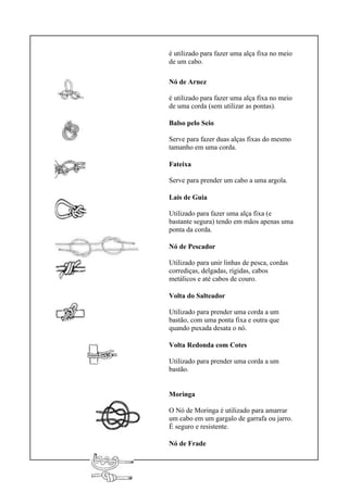 é utilizado para fazer uma alça fixa no meio
de um cabo.
Nó de Arnez
é utilizado para fazer uma alça fixa no meio
de uma corda (sem utilizar as pontas).
Balso pelo Seio
Serve para fazer duas alças fixas do mesmo
tamanho em uma corda.
Fateixa
Serve para prender um cabo a uma argola.
Lais de Guia
Utilizado para fazer uma alça fixa (e
bastante segura) tendo em mãos apenas uma
ponta da corda.
Nó de Pescador
Utilizado para unir linhas de pesca, cordas
corrediças, delgadas, rígidas, cabos
metálicos e até cabos de couro.
Volta do Salteador
Utilizado para prender uma corda a um
bastão, com uma ponta fixa e outra que
quando puxada desata o nó.
Volta Redonda com Cotes
Utilizado para prender uma corda a um
bastão.
Moringa
O Nó de Moringa é utilizado para amarrar
um cabo em um gargalo de garrafa ou jarro.
É seguro e resistente.
Nó de Frade
 