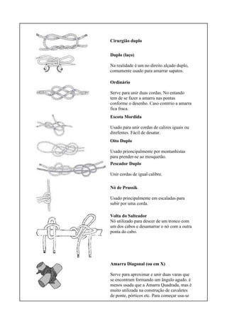 Cirurgião duplo
Duplo (laço)
Na realidade é um no direito alçado duplo,
comumente usado para amarrar sapatos.
Ordinário
Serve para unir duas cordas. No entando
tem de se fazer a amarra nas pontas
conforme o desenho. Caso contrrio a amarra
fica fraca.
Escota Mordida
Usado para unir cordas de calires iguais ou
direfentes. Fácil de desatar.
Oito Duplo
Usado prioncipalmente por montanhistas
para prender-se ao mosquetão.
Pescador Duplo
Unir cordas de igual calibre.
Nó de Prussik
Usado principalmente em escaladas para
subir por uma corda.
Volta do Salteador
Nó utilizado para descer de um tronco com
um dos cabos e desamarrar o nó com a outra
ponta do cabo.
Amarra Diagonal (ou em X)
Serve para aproximar e unir duas varas que
se encontram formando um ângulo agudo. é
menos usada que a Amarra Quadrada, mas é
muito utilizada na construção de cavaletes
de ponte, pórticos etc. Para começar usa-se
 