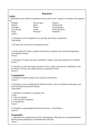 Requisitos
Amigo
1. Demonstrar como cuidar corretamente de uma corda. Fazer e explicar o uso prático dos seguintes
nós:
•Simples
•Direito
•Cirurgião
•Lais de guia
•Cego
•Lais de guia
duplo
•Escota
•Catau
•Pescador
•Fateixa
•Volta da fiel
•Nó de gancho
•Volta da ribeira
•Ordinário
Anexo 1
2. Participar de um Acampamento em que haja, pelo menos, um pernoite.
Item prático
3. Ser aprovado em um teste de Segurança Geral.
4. Armar, desarmar, limpar e guardar uma barraca e preparar uma cama de acampamento,
com materiais naturais.
Anexo 2
5. Apresentar 10 regras para uma caminhada e explicar o que fazer quando estiver perdido.
Anexo 3
6. Aprender os sinais para seguir uma pista. Fazer e seguir uma pista de 2 quilômetros, com
no mínimo 10 sinais, que também possa ser seguida por outros.
Anexo 4
Companheiro
1. Descobrir os pontos cardeais sem a ajuda de uma bússola.
Anexo 5
2. Participar em um acampamento de final de semana, e fazer um relatório destacando o que
mais lhe impressionou positivamente.
Item prático
3. Aprender ou recapitular os seguintes nós:
a. Oito
b. Volta do salteador
c. Volta esticada ou paradora
d. Caminhoneiro
Anexo 1
4. Completar a especialidade de Primeiros Socorros – Nível básico.
Anexo 6
Pesquisador
1. Apresentar seis segredos para um bom acampamento. Participar em um acampamento de
final de semana planejando e cozinhando duas refeições.
Anexo 7
 